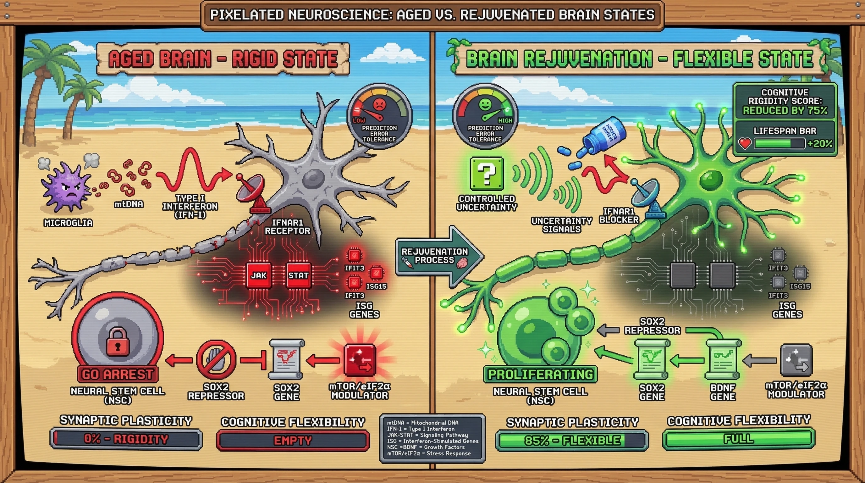 Infographic for: Chronic IFN-I Signaling as the Molecular Substrate of Predictive Rigidity: A Unifying Framework for Cognitive Over-Consolidation and Its Reversal via Controlled Uncertainty