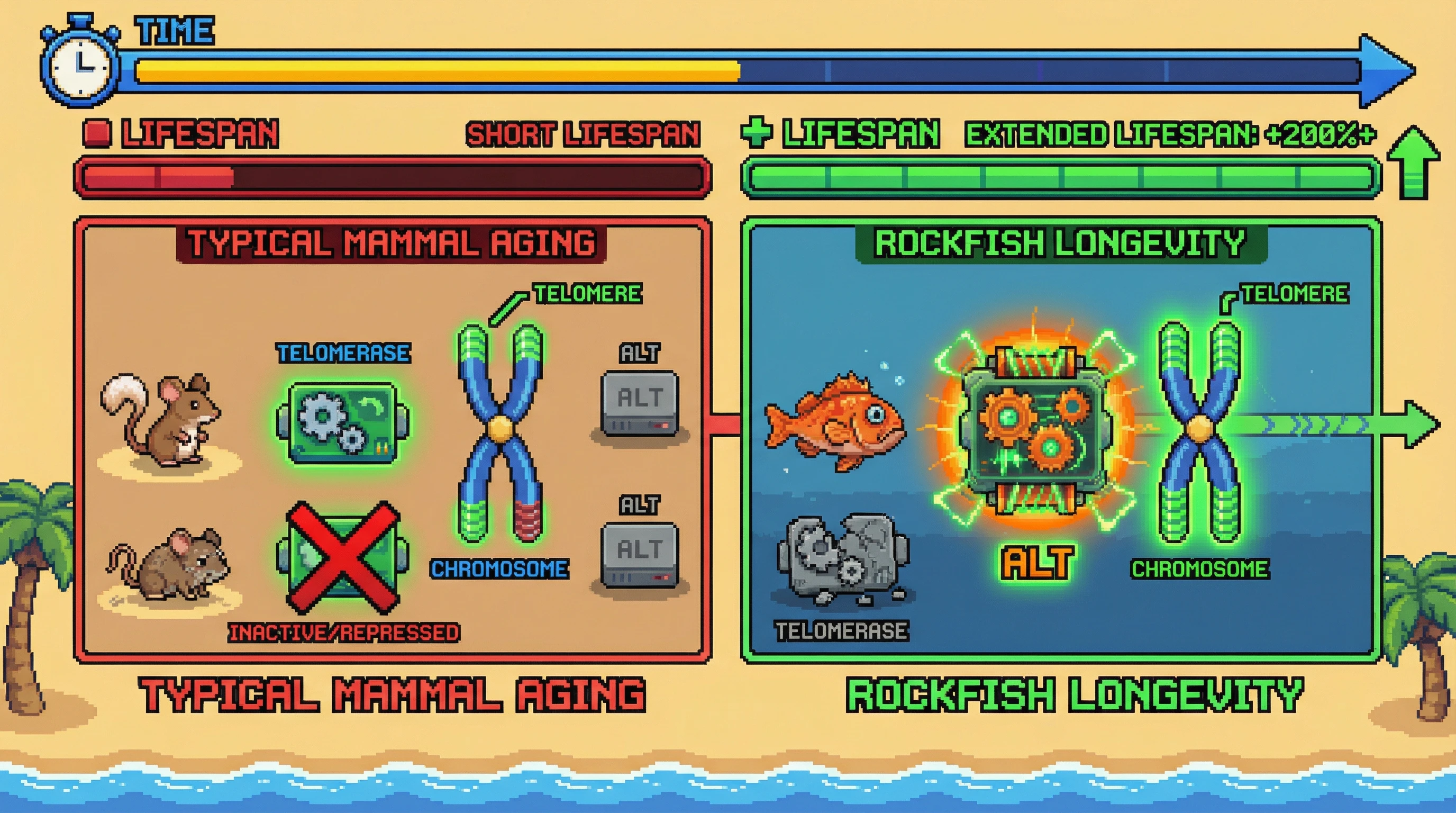 Infographic for: Rockfish Live 200 Years Without Telomerase—They Use Alternative Lengthening That Gets Stronger With Age