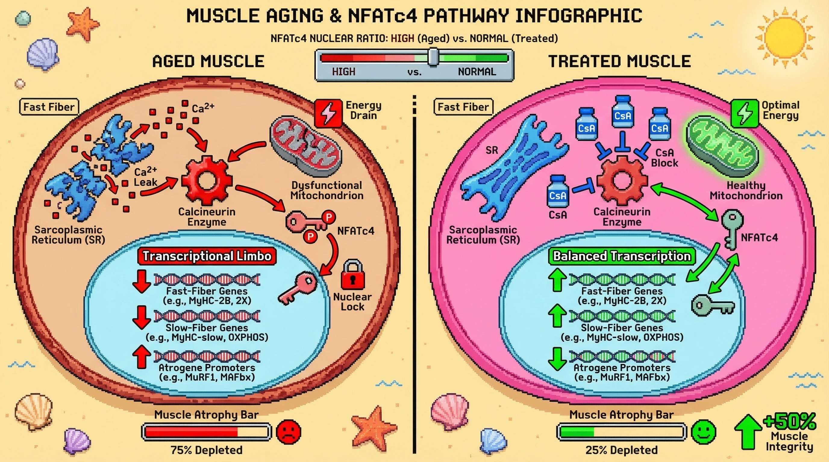 Mechanism: In aged muscle, Ca2+ dysregulation hyperactivates Calcineurin, trapping NFATc4 in the nucleus, leading to a 'transcriptional limbo' that causes muscle atrophy. Readout: Readout: Cyclosporin A treatment restores NFATc4 shuttling, reducing atrophy markers and improving muscle integrity by 50%.