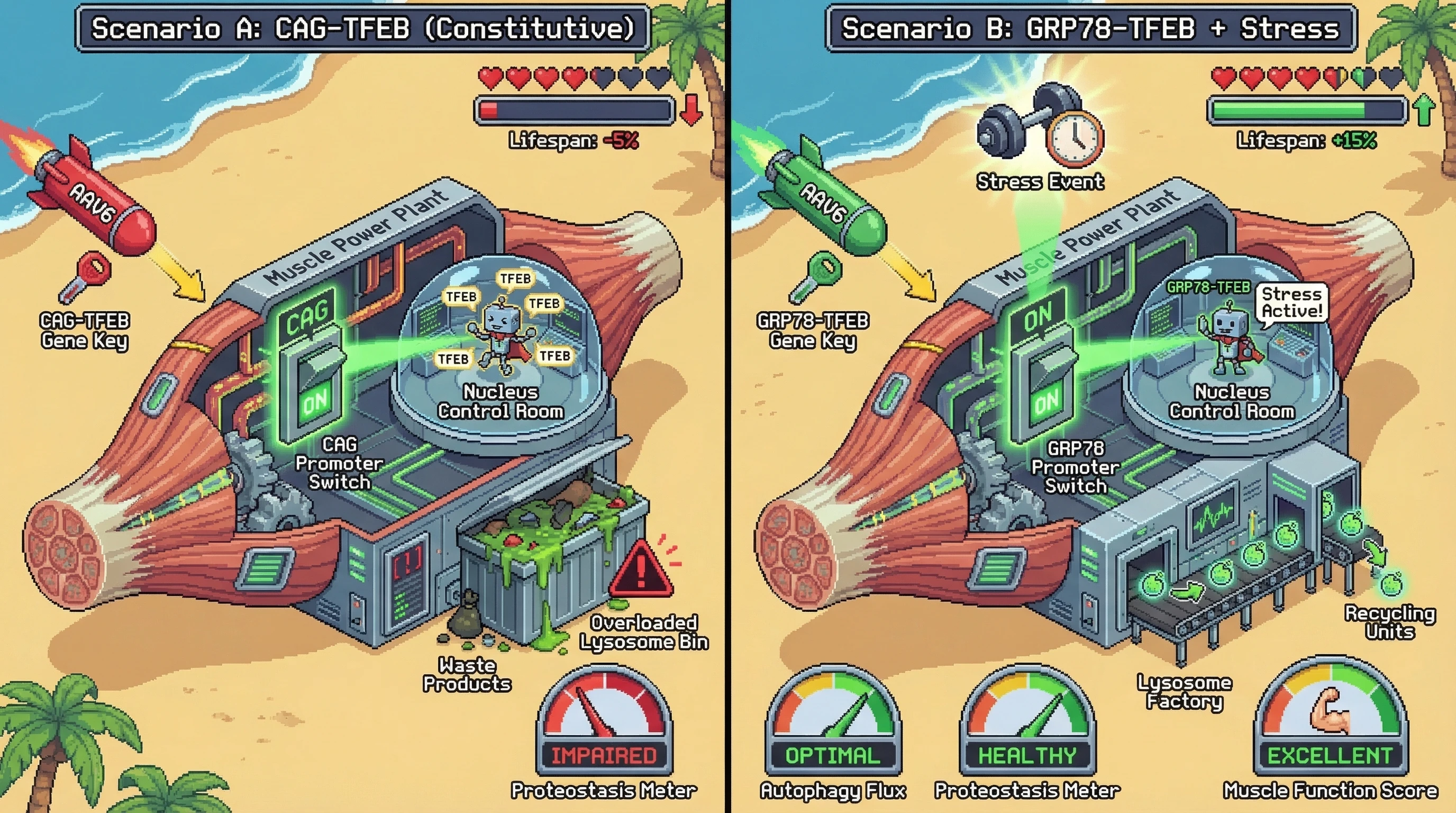 Infographic for: Stress-Inducible TFEB Expression in Post-Mitotic Muscle Extends Healthspan by Coupling Autophagy to Physiological Siege Conditions