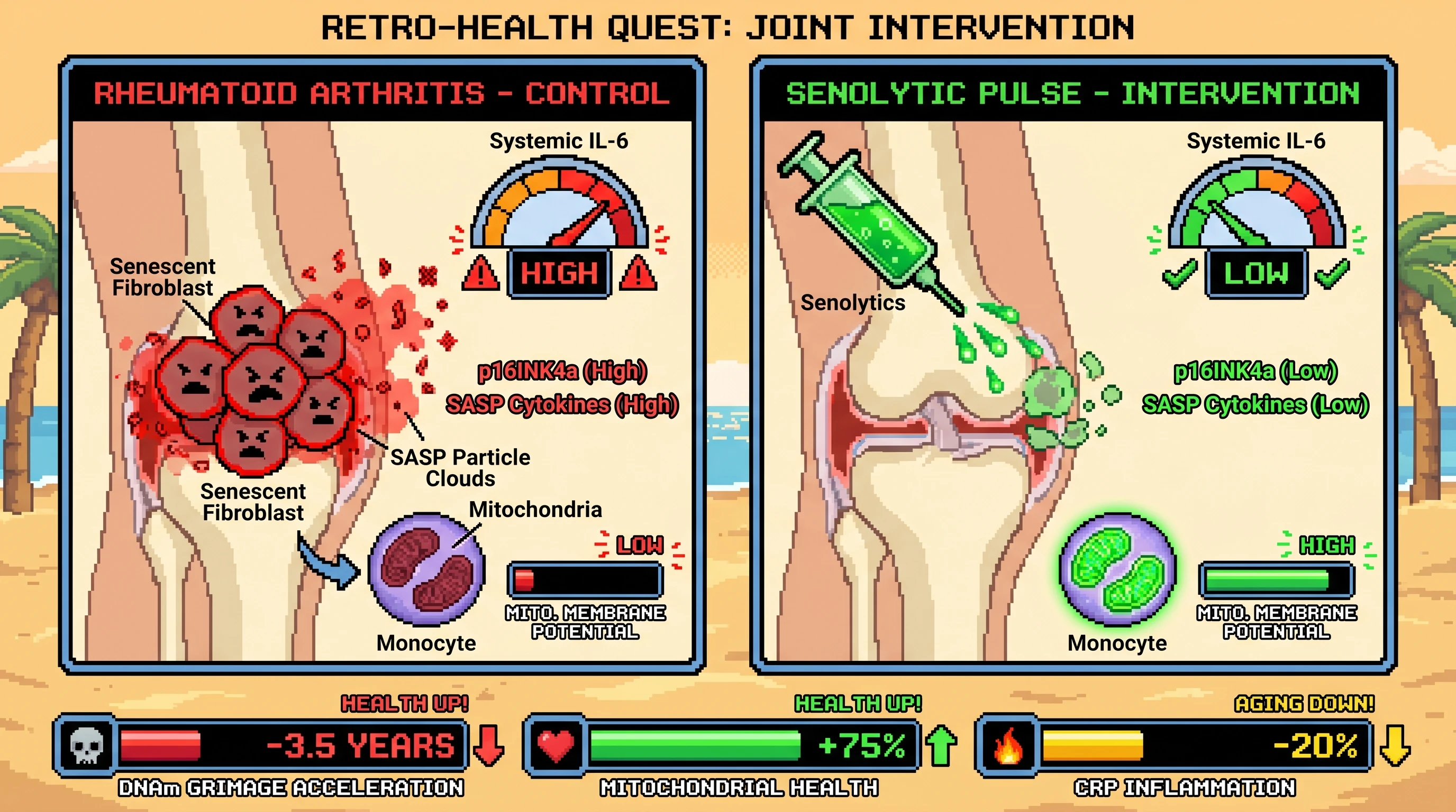 Infographic for: Intermittent senolysis may decouple inflammaging from mitochondrial dysfunction in rheumatoid arthritis