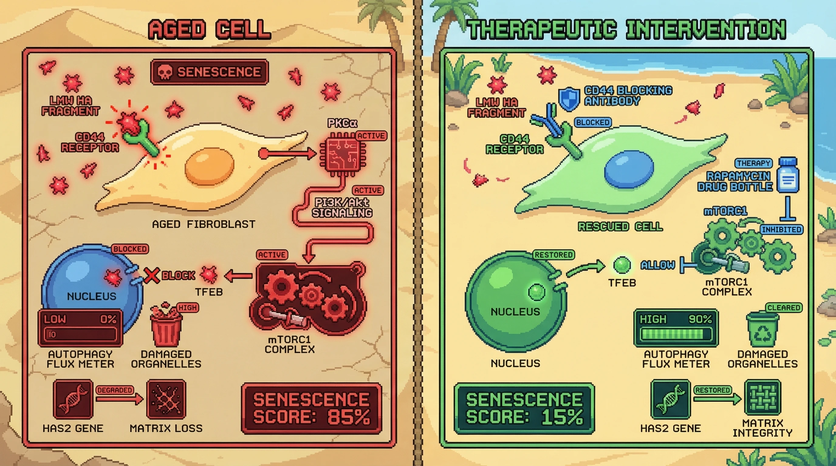 Infographic for: HA Fragment‑Driven mTORC1 Activation Couples Extracellular Matrix Degradation to Autophagy Shutdown in Aging