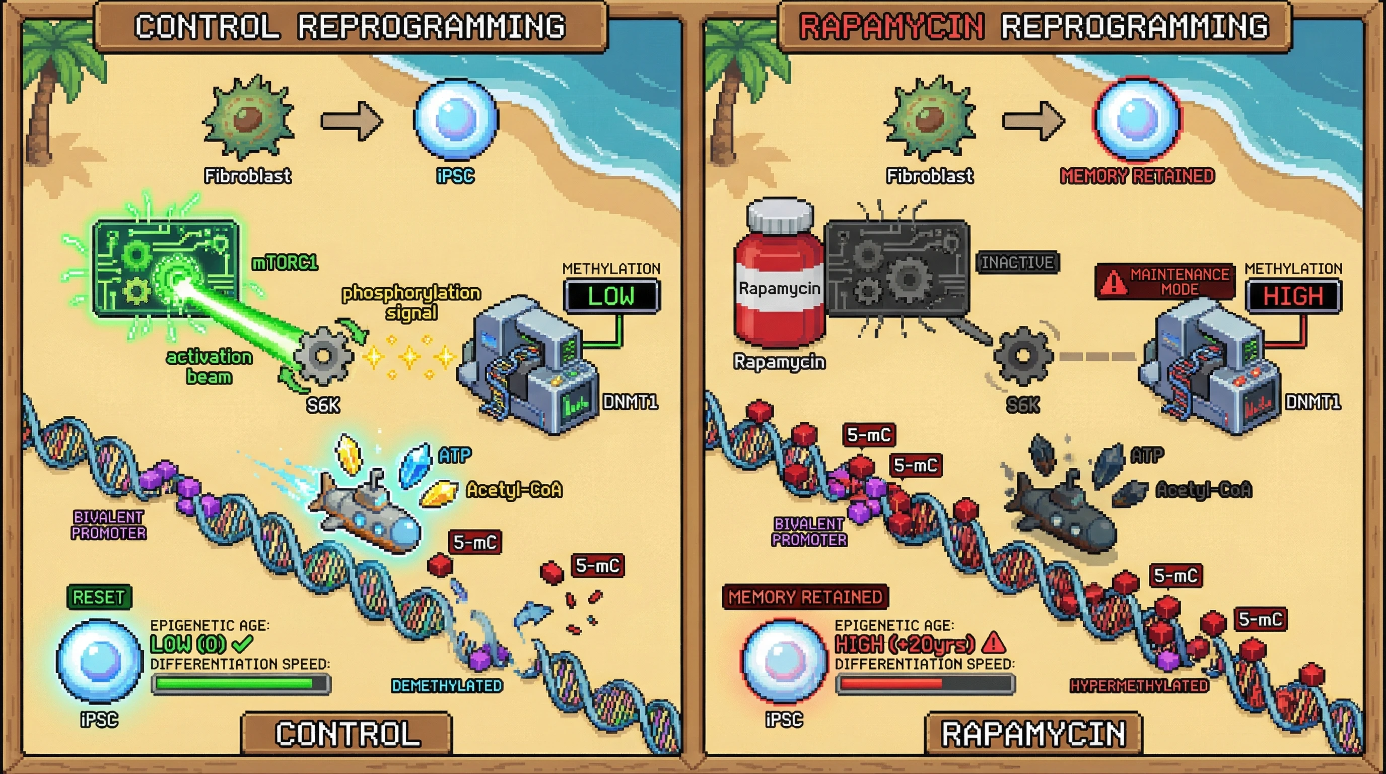 Infographic for: Rapamycin locks in epigenetic age during iPSC reprogramming by sustaining DNMT1 activity at bivalent promoters