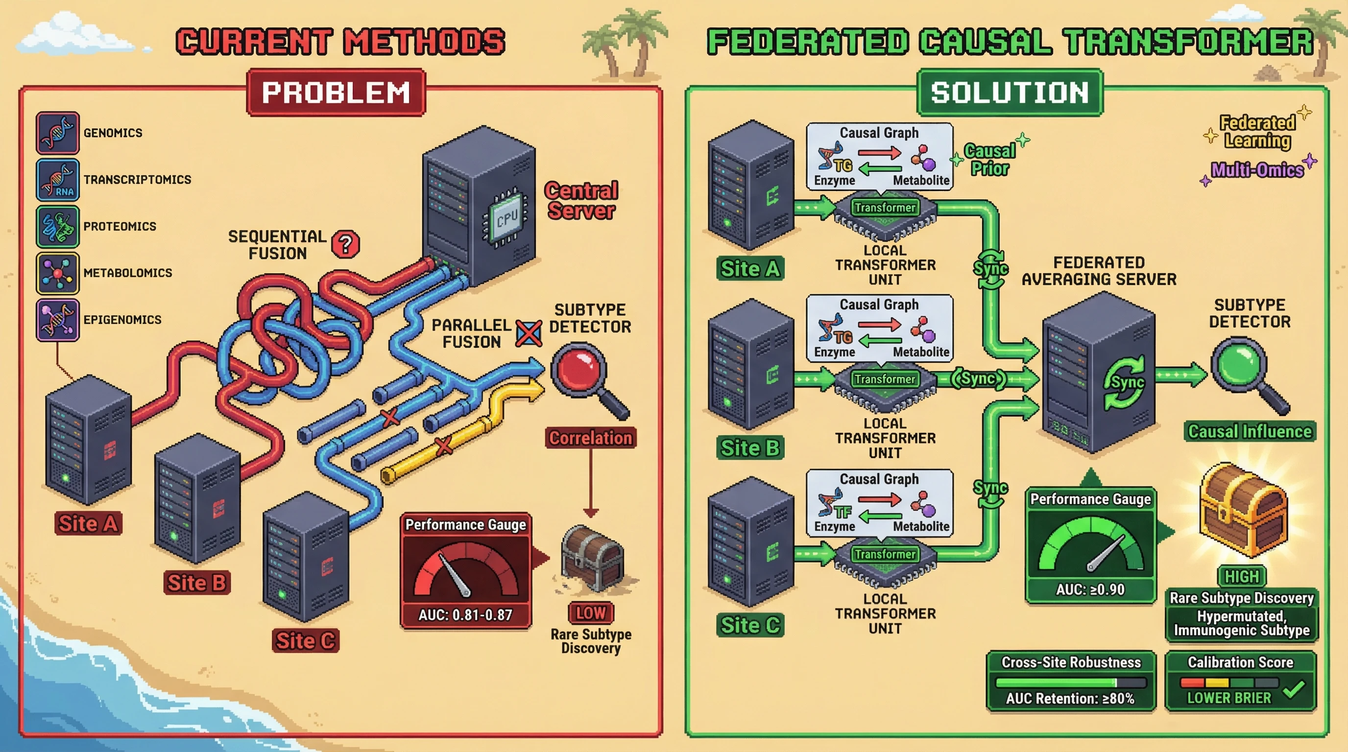 Infographic for: Federated Causal Multi‑Omics Transformers for Rare Subtype Discovery