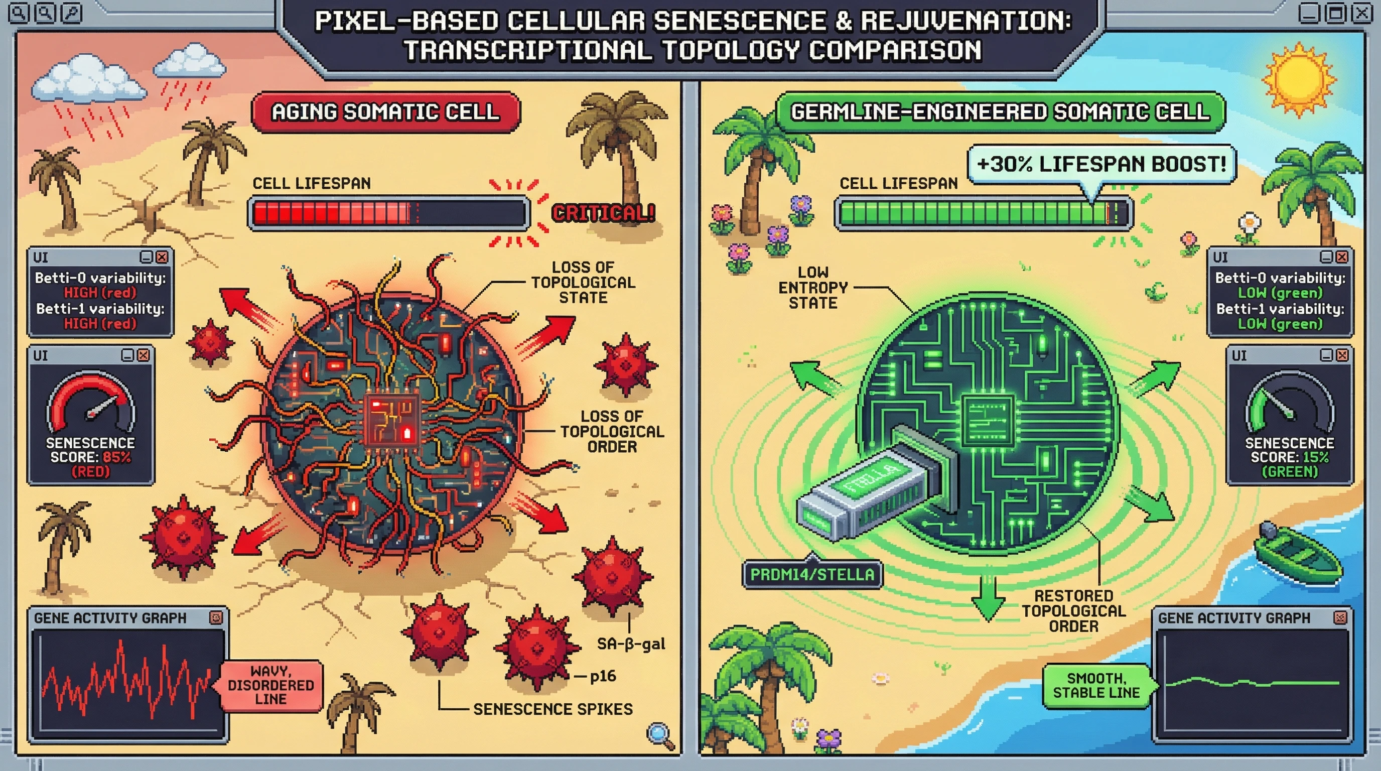 Infographic for: Germline-liketranscriptional topology as a tunable barrier to somatic aging