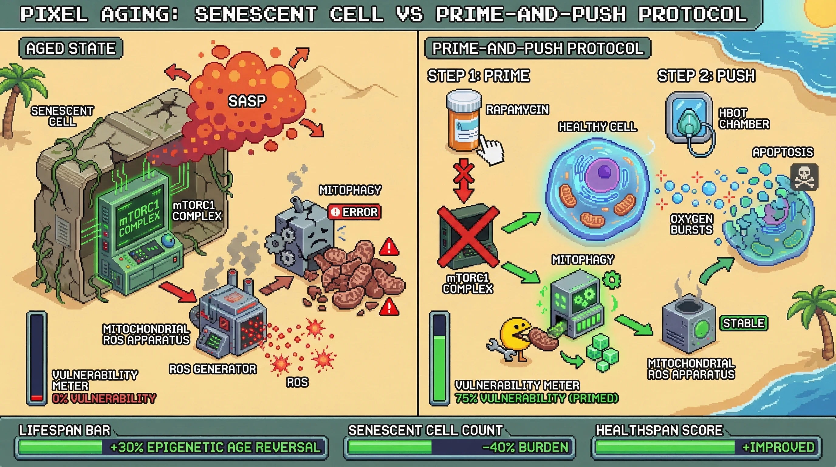 Infographic for: Sequential rapamycin-then-HBOT "prime-and-push" senolysis exploits mTOR-suppressed mitochondrial vulnerability in age...