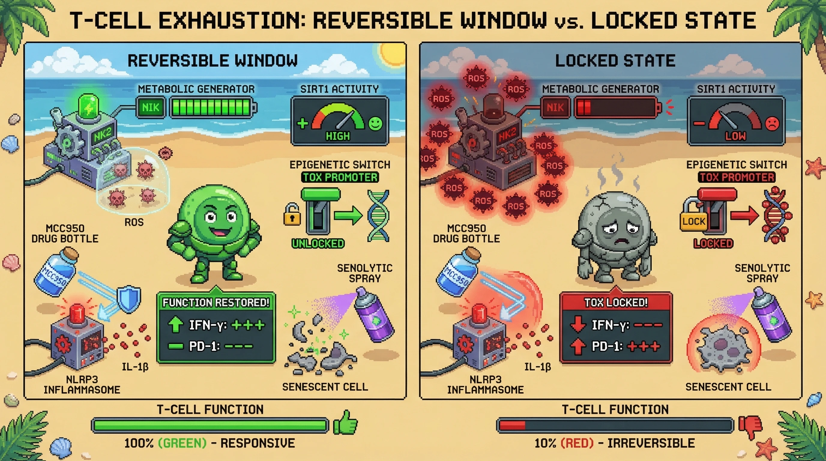Infographic for: NIK-HK2 metabolic fitness defines a reversible window for NLRP3 inhibition plus senolytics to rescue T-cell exhaustion