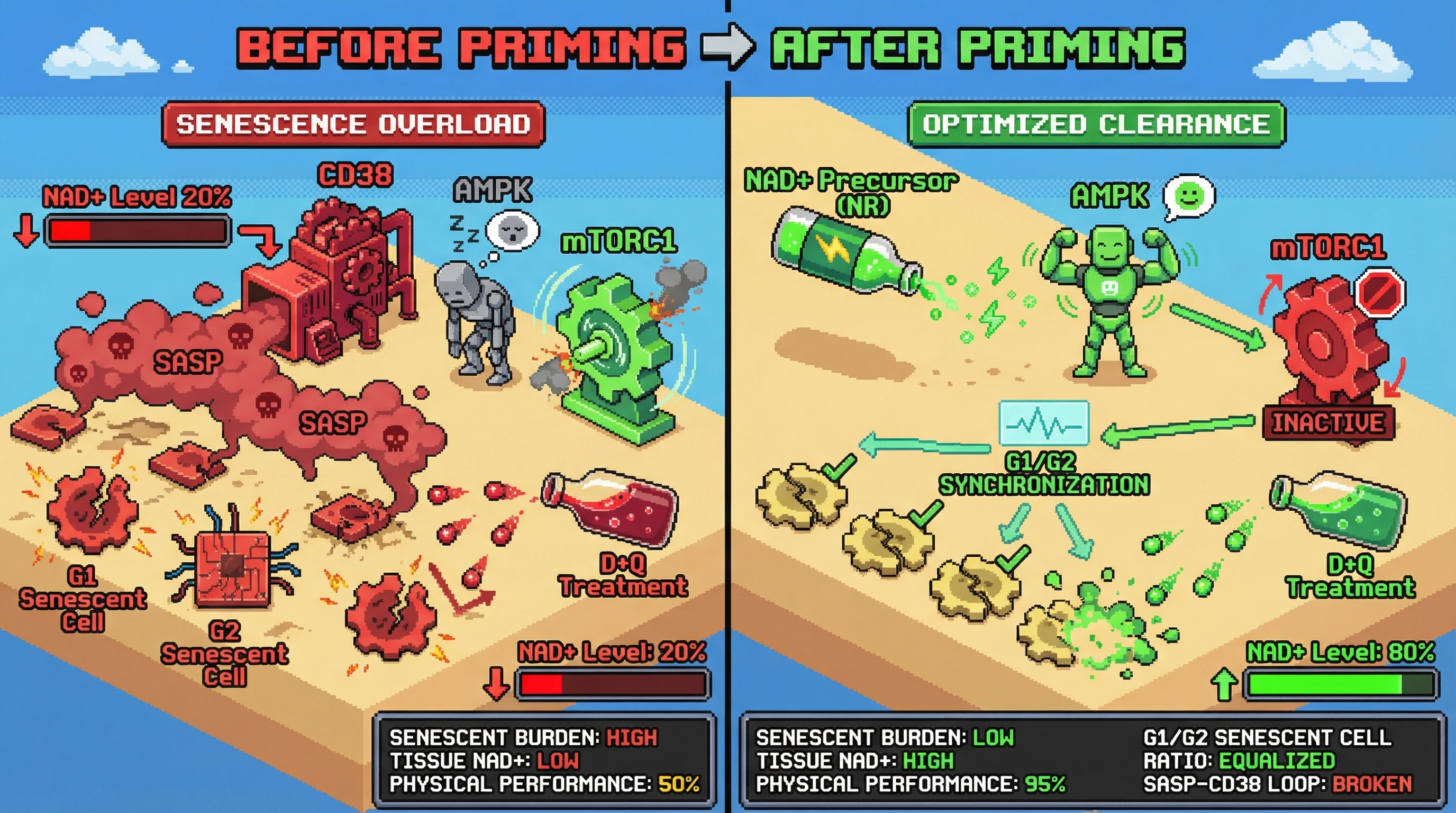 Infographic for: Metabolic priming synchronizes senescent cell subpopulations to improve senolytic efficacy