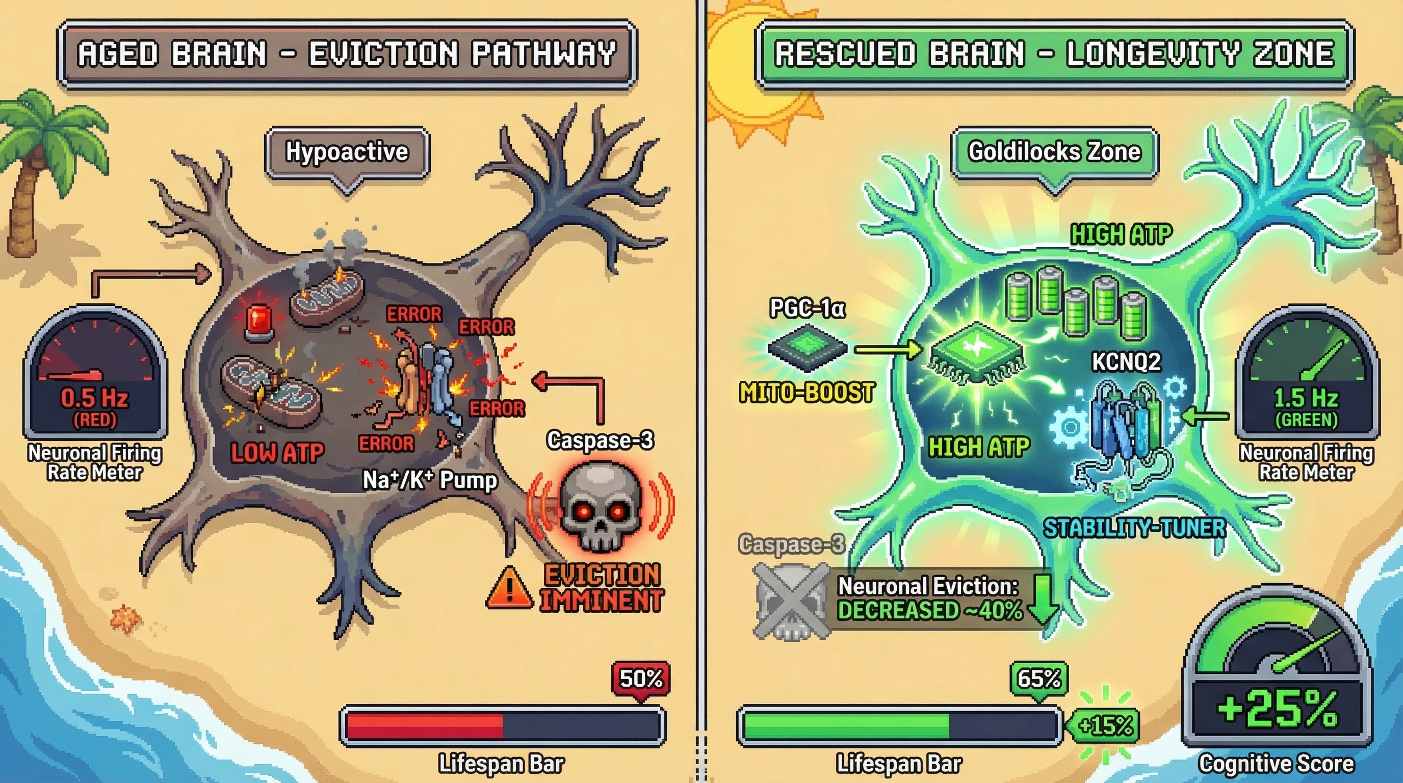 Infographic for: Mitochondrial Rescue Sets Neuronal Activity Within the Longevity Goldilocks Zone to Prevent Age‑Related Eviction