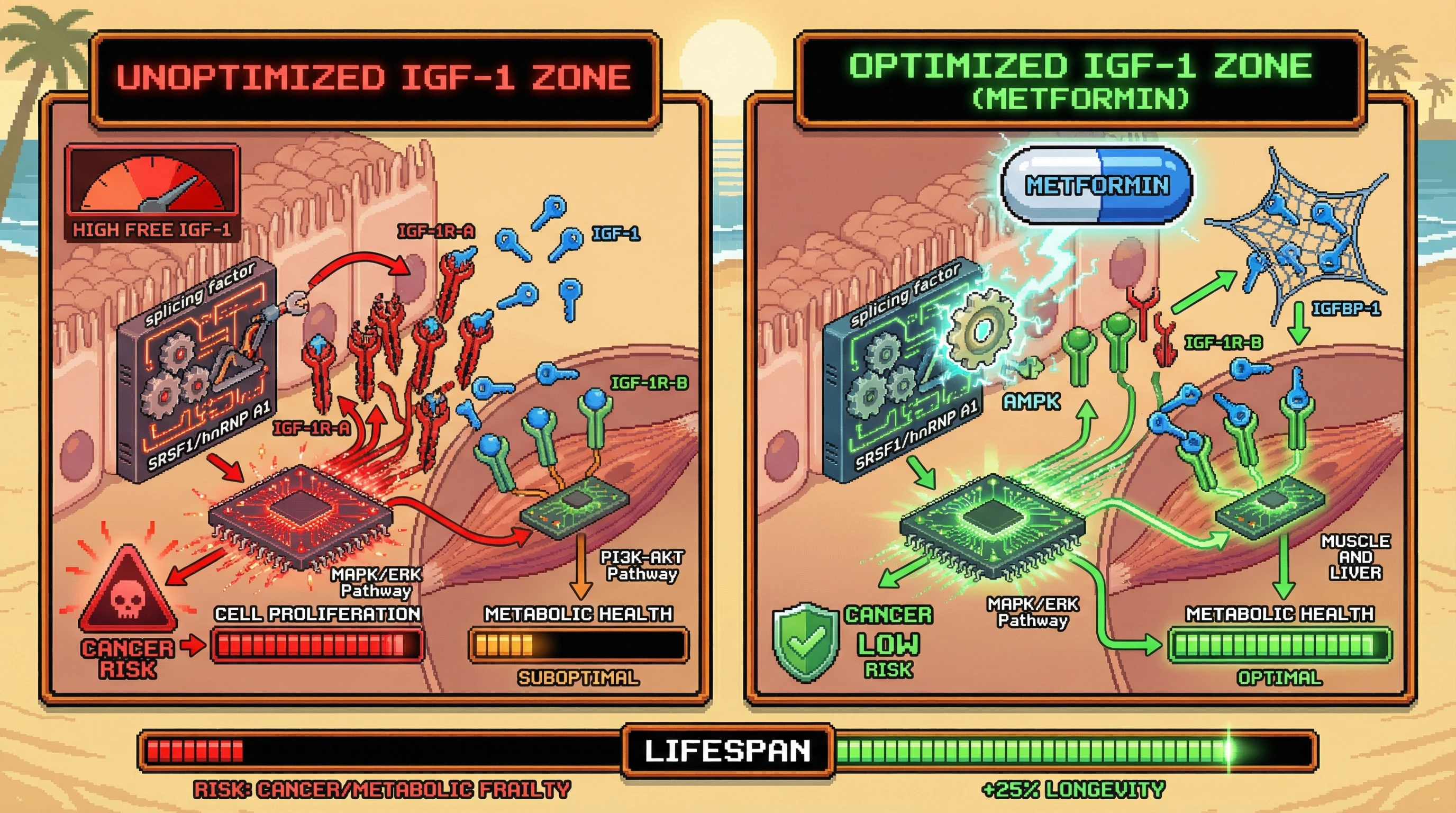 Infographic for: Tissue-Specific IGF-1R Isoform Switching Defines the Individual Optimal IGF-1 Window for Longevity and Disease Risk