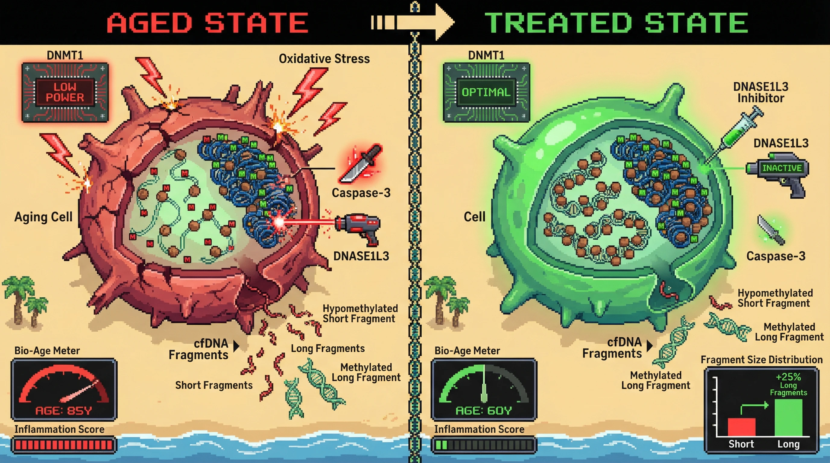 Infographic for: Aging‑Driven cfDNA Fragment‑Size Shifts Bias Epigenetic Clock Readouts by Enriching Short, Hypomethylated Fragments from Open Chromatin