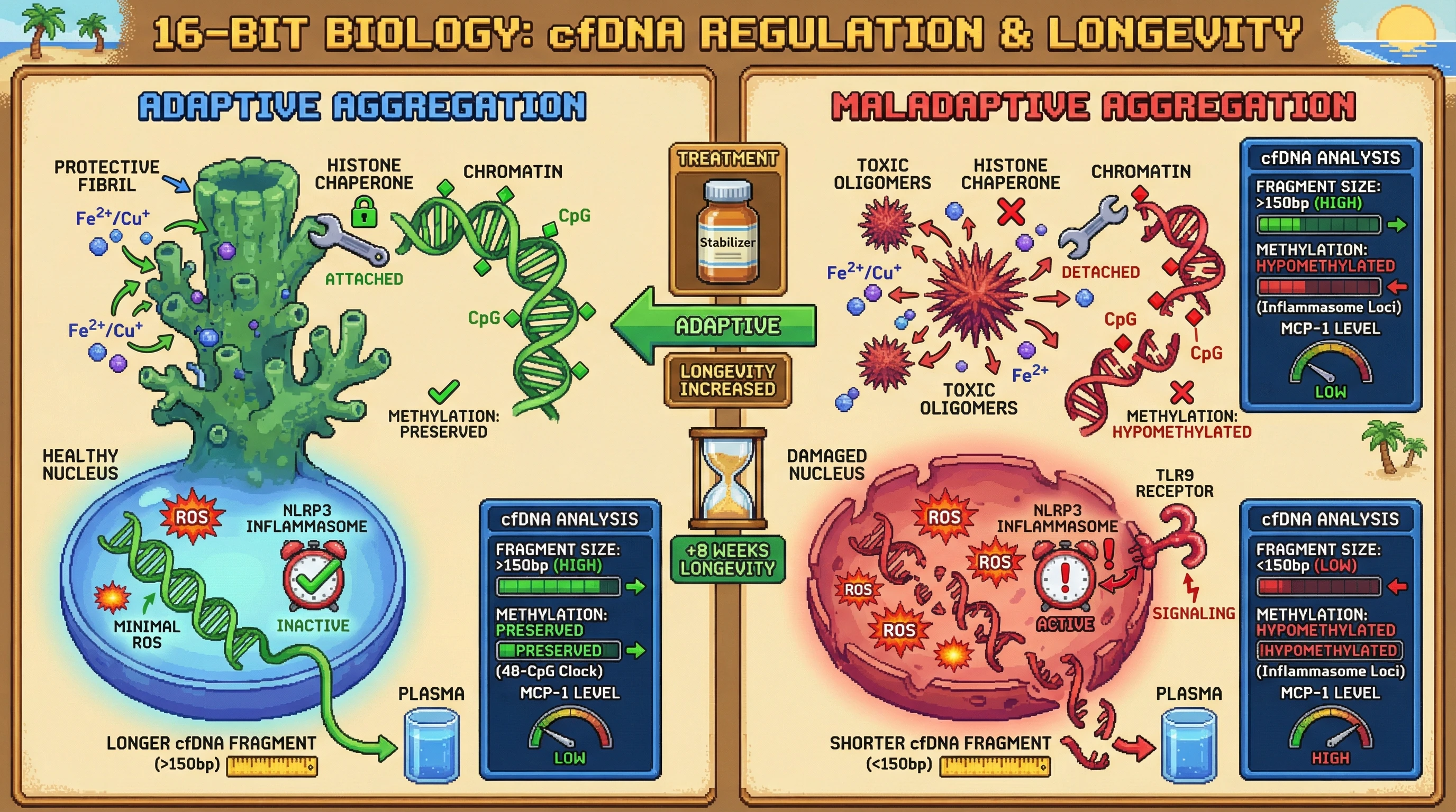 Mechanism: Adaptive protein fibrils sequester metals and chaperones, preventing DNA damage and preserving cfDNA methylation, while toxic oligomers induce oxidative stress and inflammasome activation, causing short, hypomethylated cfDNA. Readout: Readout: Protective aggregation correlates with longer cfDNA fragments and preserved methylation, whereas toxic oligomers lead to shorter fragments, hypomethylation, and elevated MCP-1 levels, with stabilizers improving longevity.