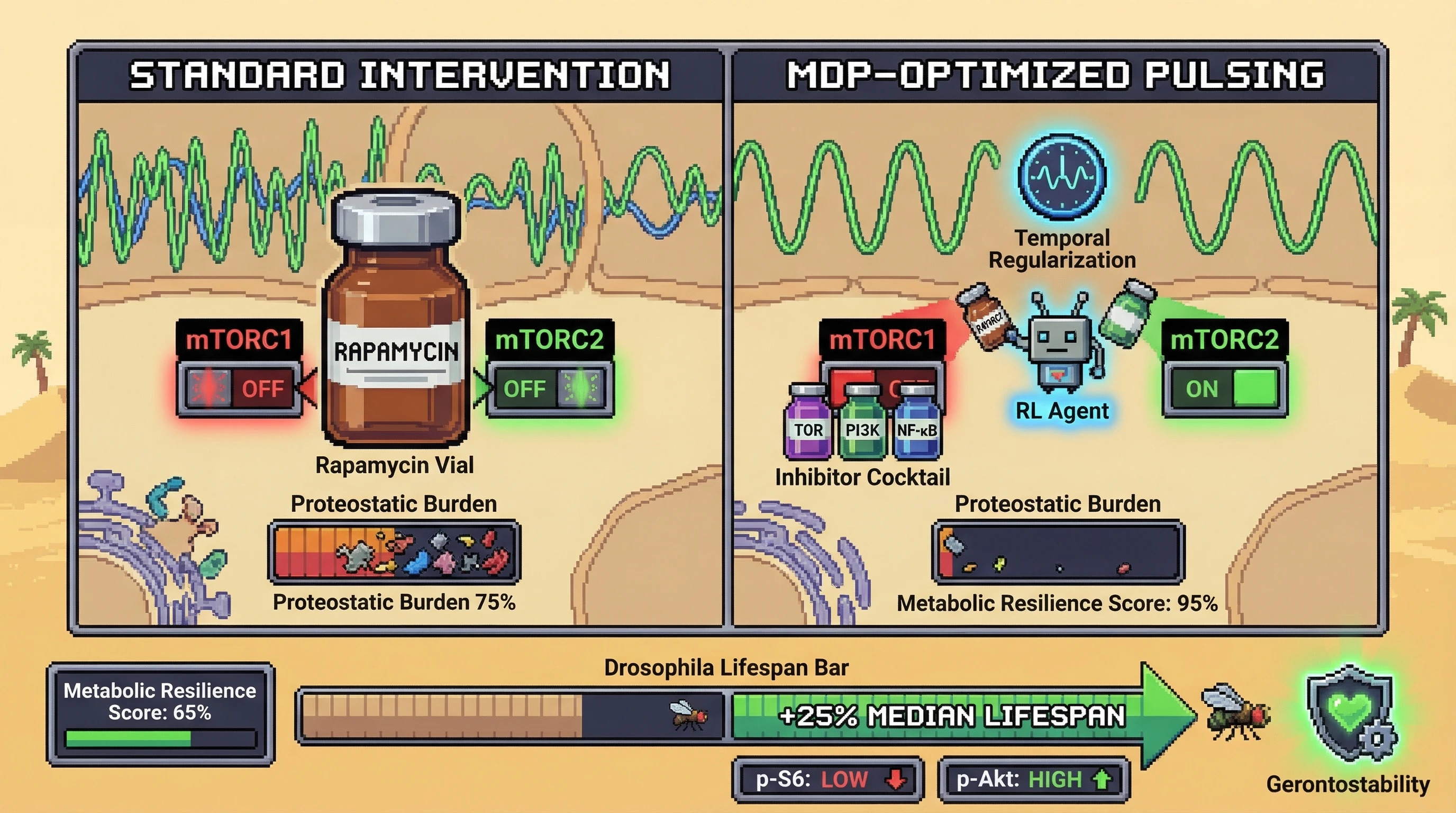 Mechanism: Reinforcement Learning (RL) agents synchronize geroprotector pulsing with endogenous biological rhythms to precisely inhibit mTORC1 while preserving mTORC2 activity. Readout: Readout: This 'Temporal Resonating Homeostasis' strategy significantly increases the 'Metabolic Resilience Score' and extends median lifespan by 25% in a Drosophila model.