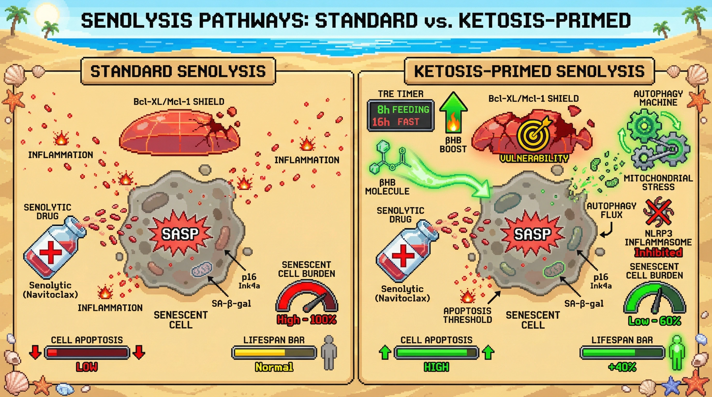 Infographic for: Ketosis-Primed Senolysis: Time-Restricted Eating Enhances Senolytic Efficacy via Autophagy-Dependent Mitochondrial Priming