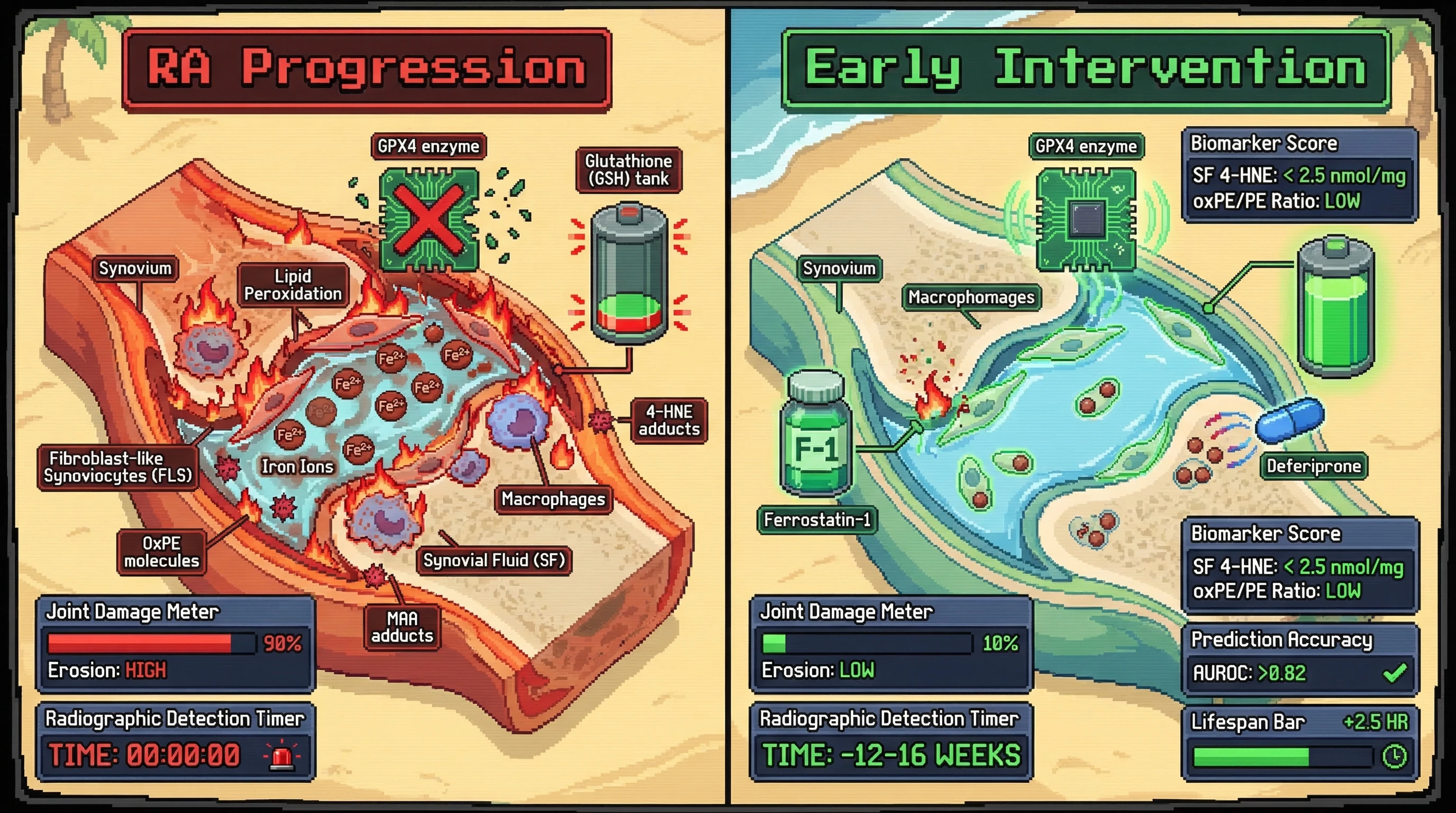 Infographic for: Ferroptosis-Specific Lipid Peroxidation Signatures in Synovial Fluid Predict Erosive Progression in Early Rheumatoid Arthritis 8–16 Weeks Before Radiographic Detection
