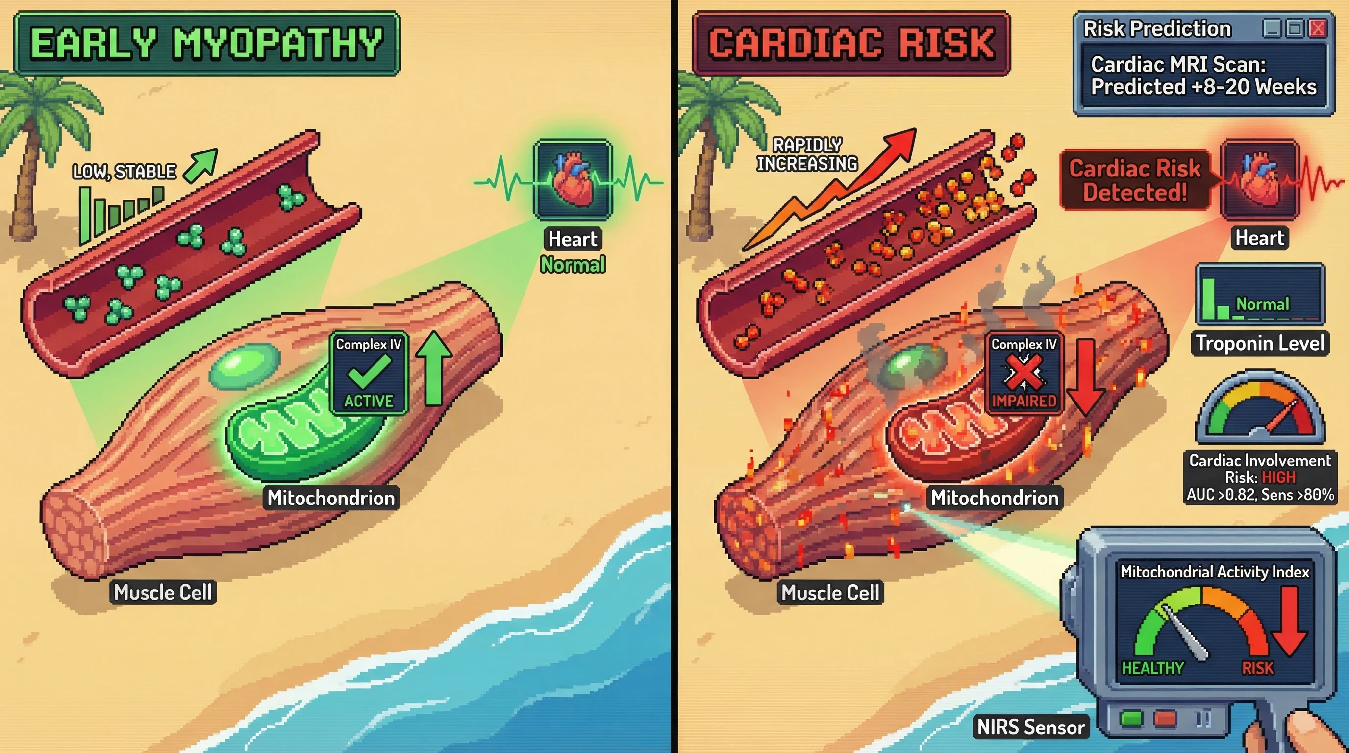 Mechanism: Inflammatory myopathies cause systemic mitochondrial dysfunction, particularly impacting Complex IV in muscle cells, leading to elevated serum GDF-15. Readout: Readout: A composite of GDF-15 trajectory and NIRS-derived muscle mitochondrial activity predicts cardiac involvement 8-20 weeks before troponin elevation, with high accuracy.