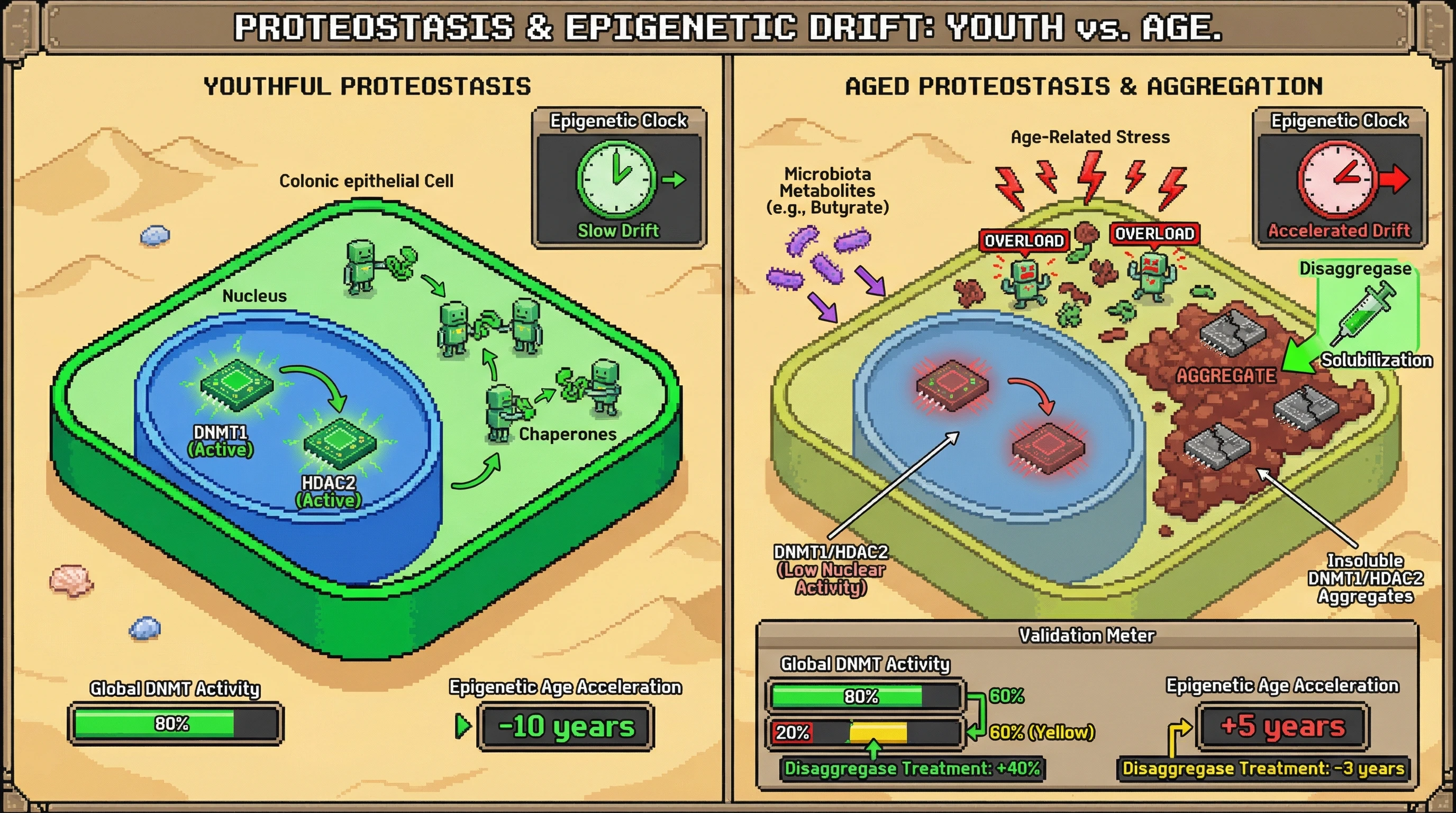 Infographic for: Protective protein aggregation sequesters epigenetic regulators to drive colonic epigenetic aging