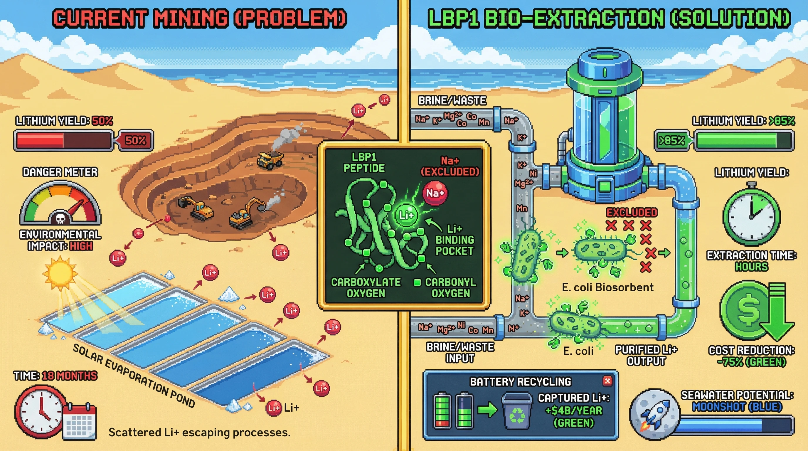 Infographic for: LBP1 lithium-binding peptide displayed on engineered E. coli could enable biological lithium extraction from brines, battery waste, and seawater at a fraction of current mining costs