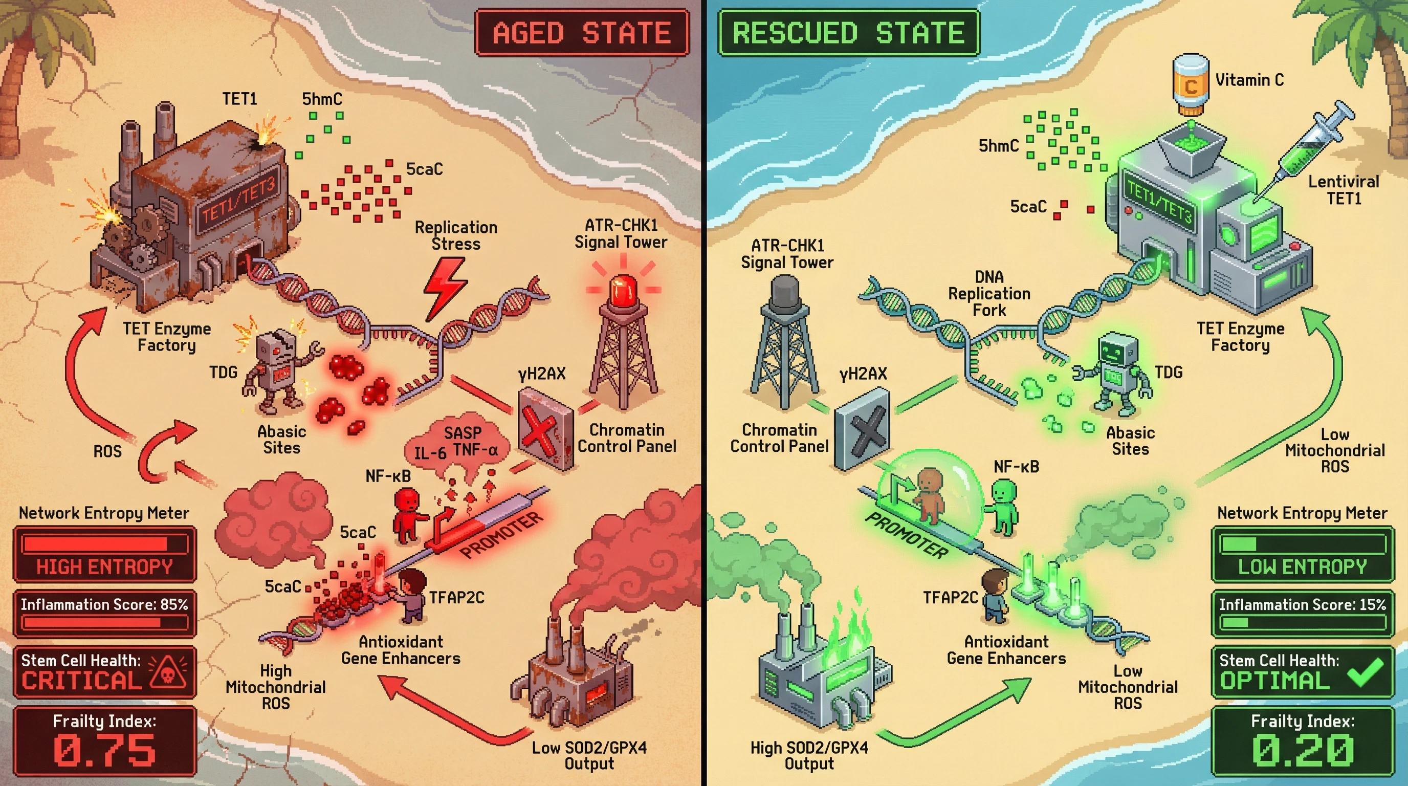 Infographic for: TET-mediated 5hmC erosion as a network entropy driver linking epigenetic drift to multiple aging hallmarks