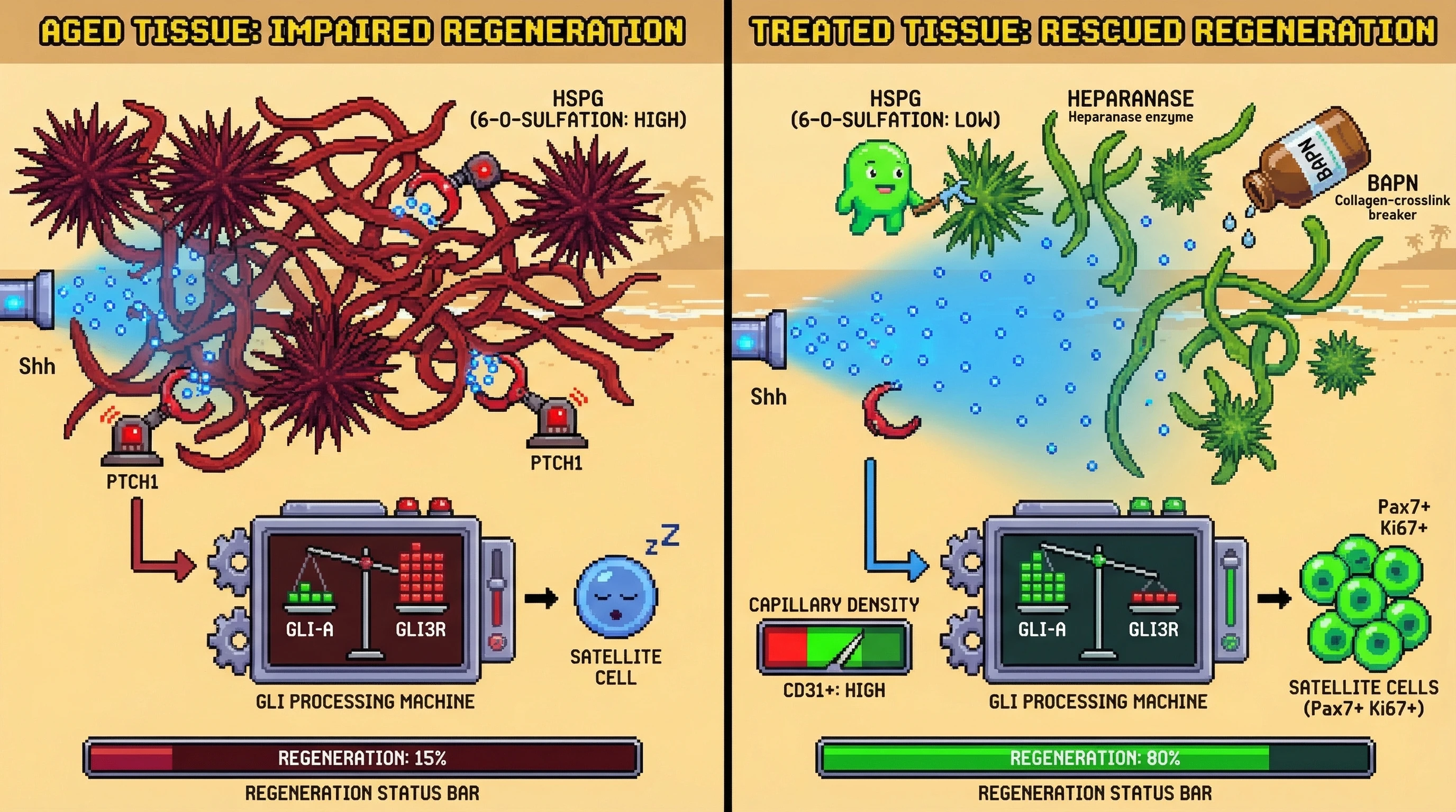 Mechanism: Aged extracellular matrix (ECM) sequesters Shh ligand, leading to reduced GLI activator and increased GLI3 repressor signaling, impairing tissue regeneration. Readout: Readout: Heparanase and collagen-crosslink breakers restore Shh gradient, increase satellite cell proliferation and capillary density, and rescue muscle force recovery to 80% of young levels.