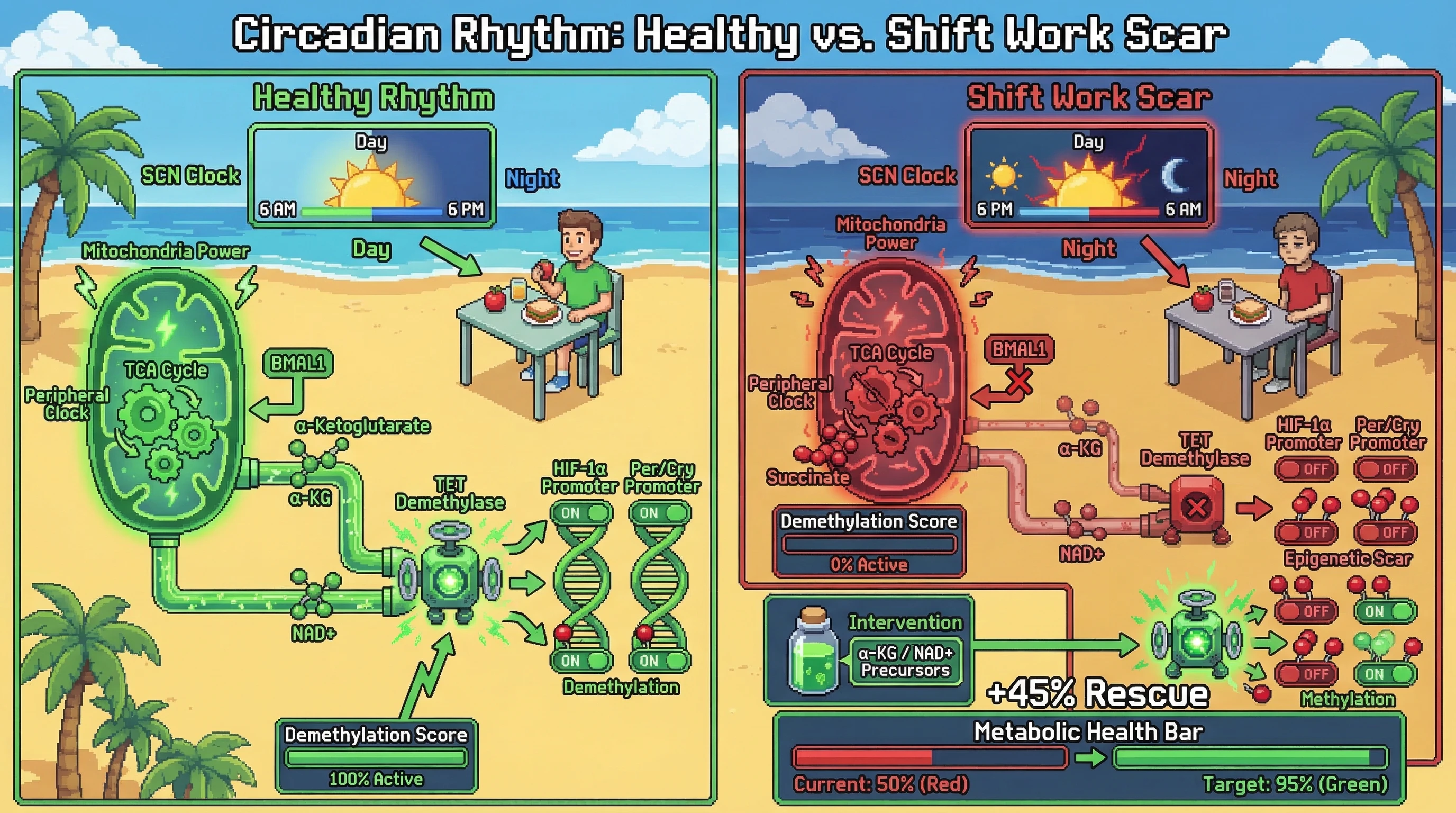 Mechanism: Mistimed nutrient intake in shift work disrupts α-ketoglutarate and NAD+ oscillations, inhibiting TET enzyme activity and leading to hypermethylation of metabolic promoters. Readout: Readout: This 'epigenetic scar' locks tissues into impaired metabolic function, which could be rescued by restoring key epigenetic co-factors.