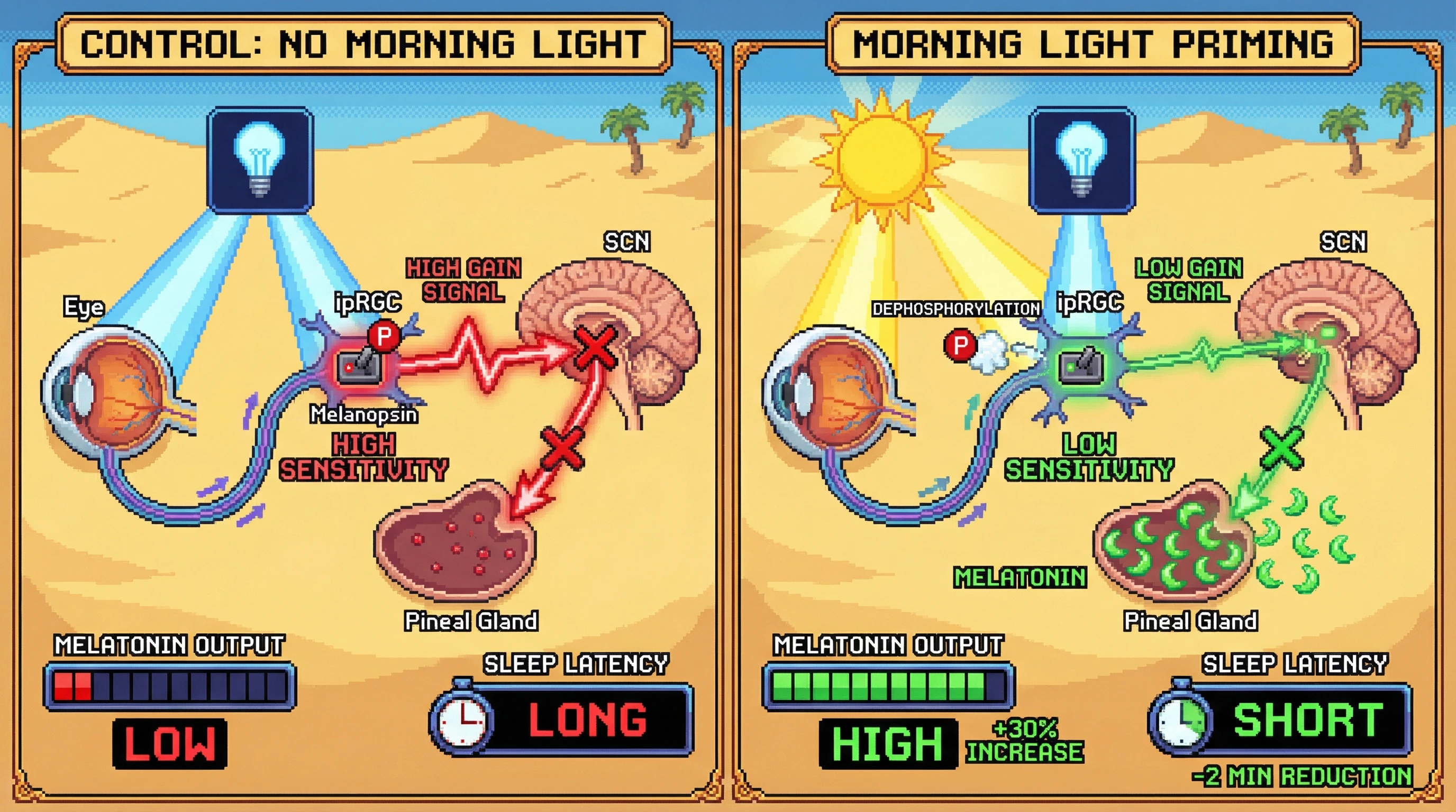 Infographic for: Morning Light Primes ipRGC Sensitivity to Attenuate Evening Blue-Light–Induced Melatonin Suppression