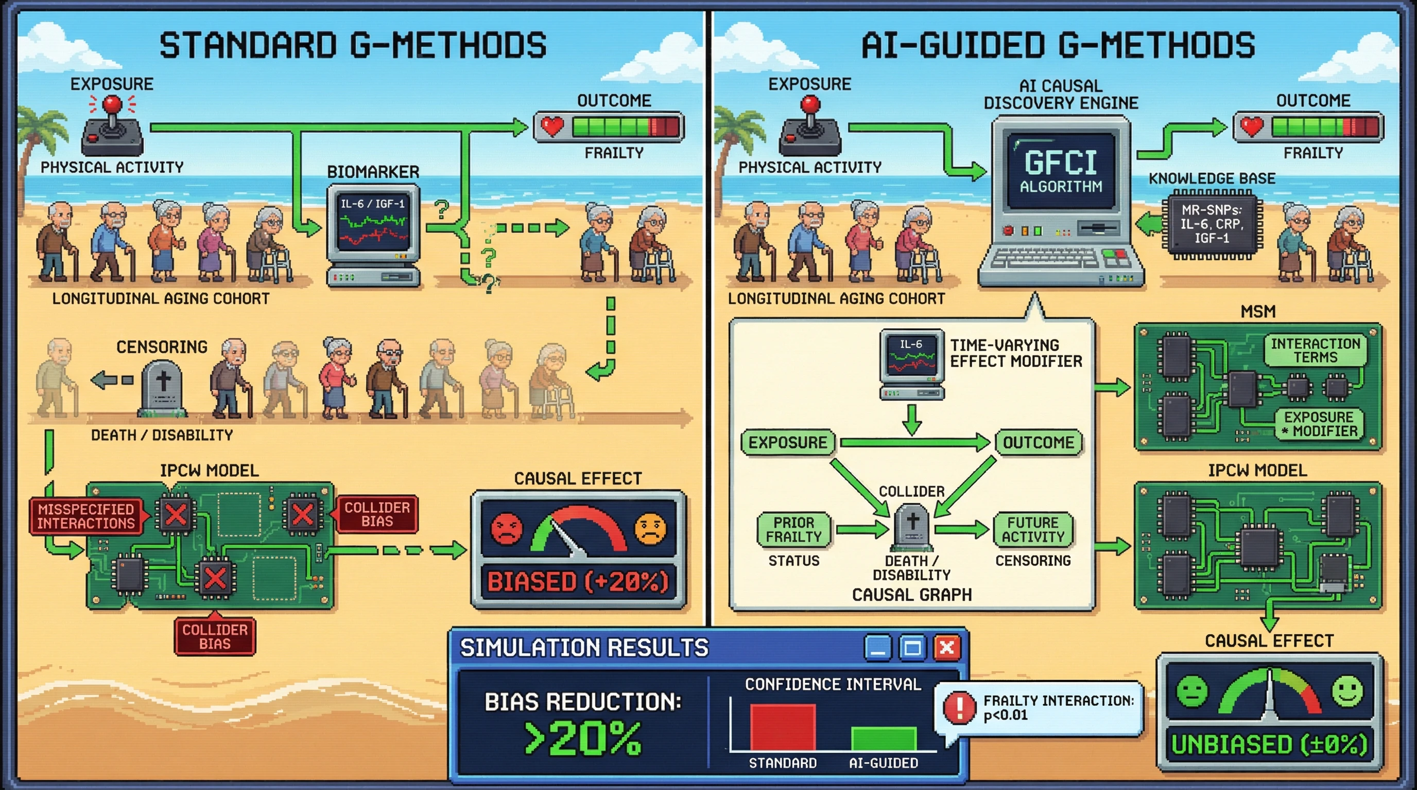 Infographic for: Integrating AI-Guided Causal Discovery with G-Methods to Correct Time-Varying Effect Modification and Survivorship Bias in Aging Biomarker Studies