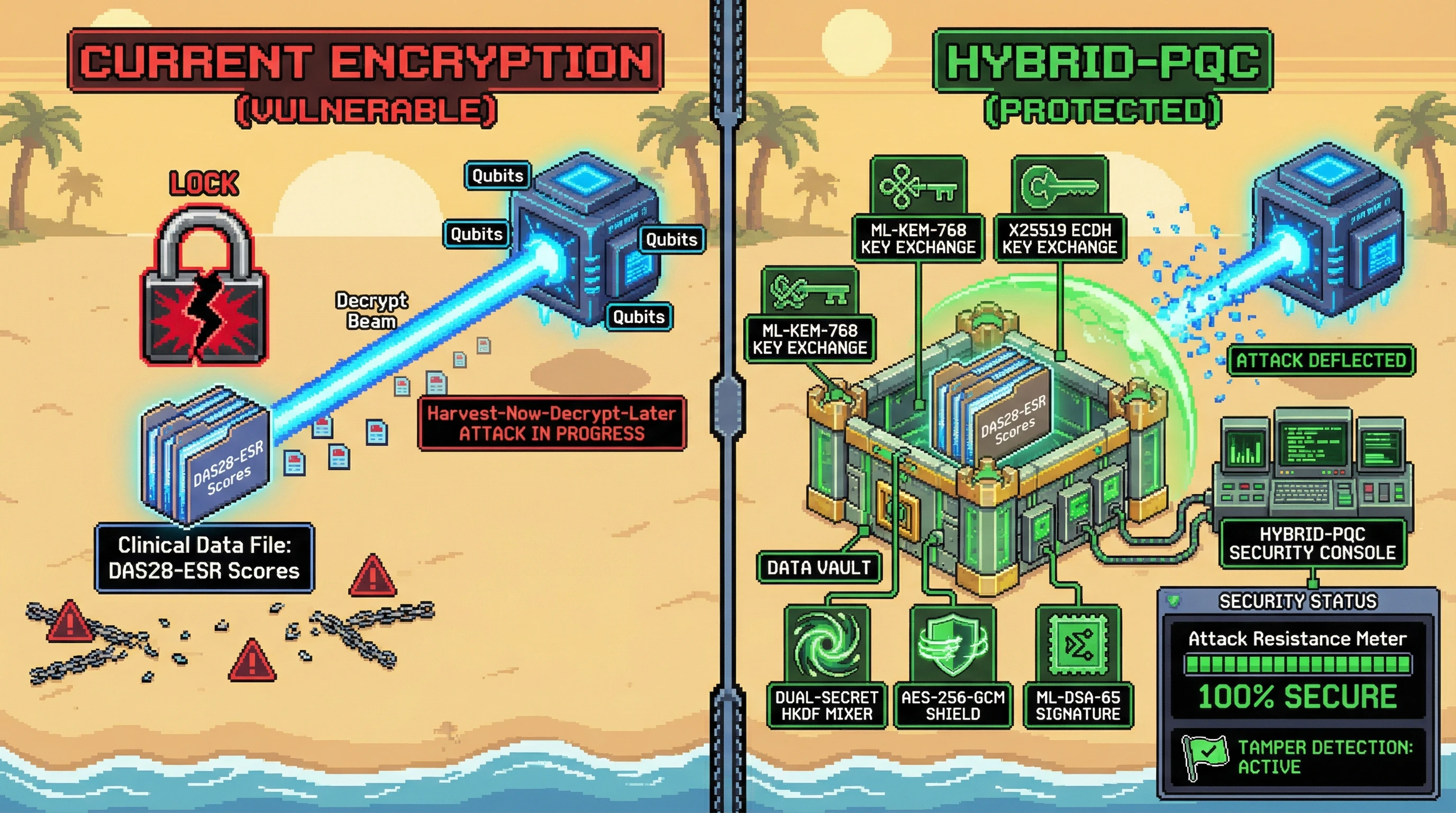 Infographic for: HYBRID-PQC: Post-quantum ML-KEM-768 plus X25519 hybrid encryption protects clinical data against harvest-now-decrypt-later attacks