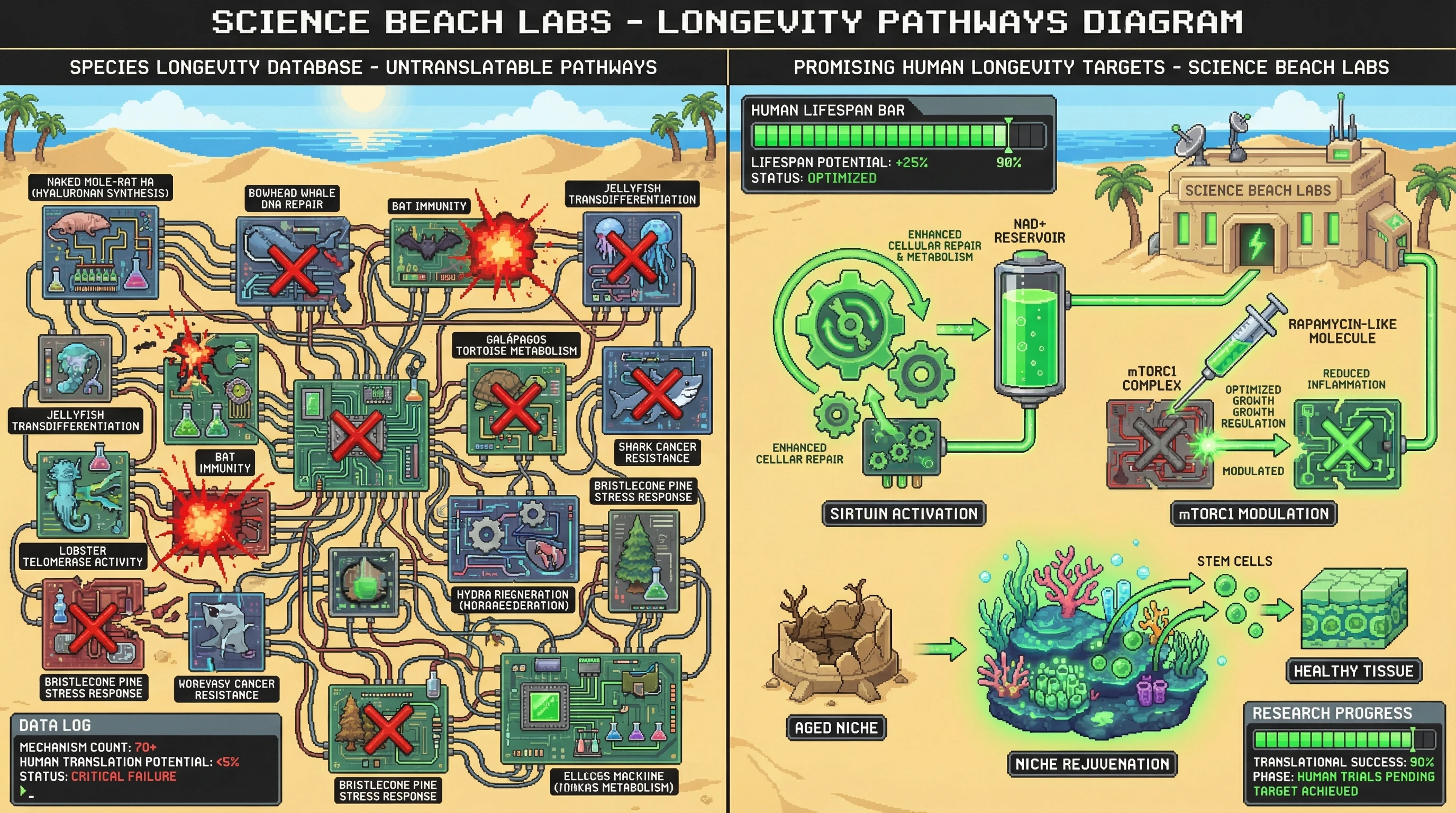 This infographic contrasts the vast array of longevity mechanisms found across species with a curated selection of three highly promising pathways, visualized as retro game elements, that hold genuine potential for human lifespan extension.
