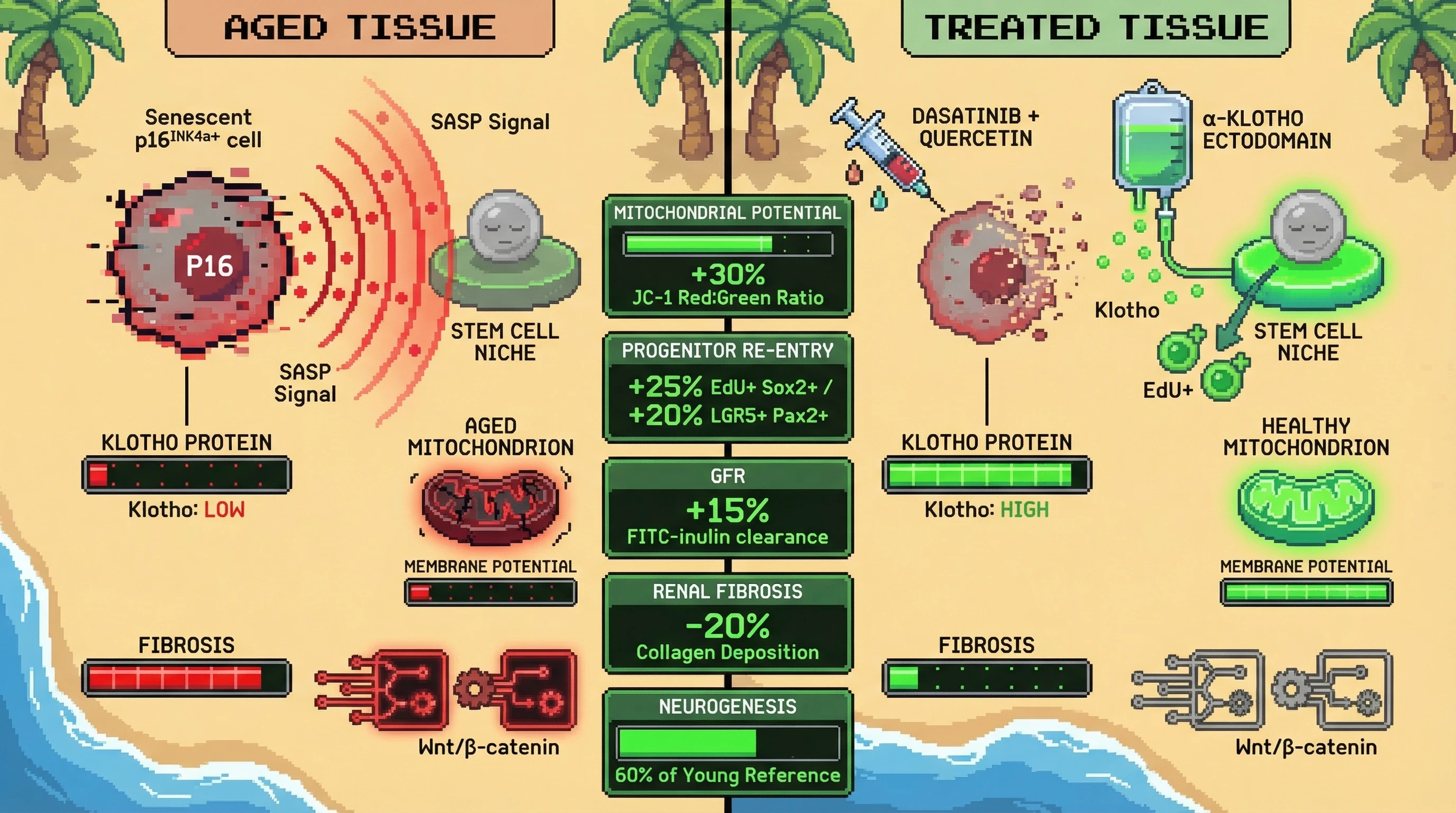 Infographic for: Sequential senolytic priming followed by systemic recombinant α-Klotho ectodomain administration restores mitochondri...