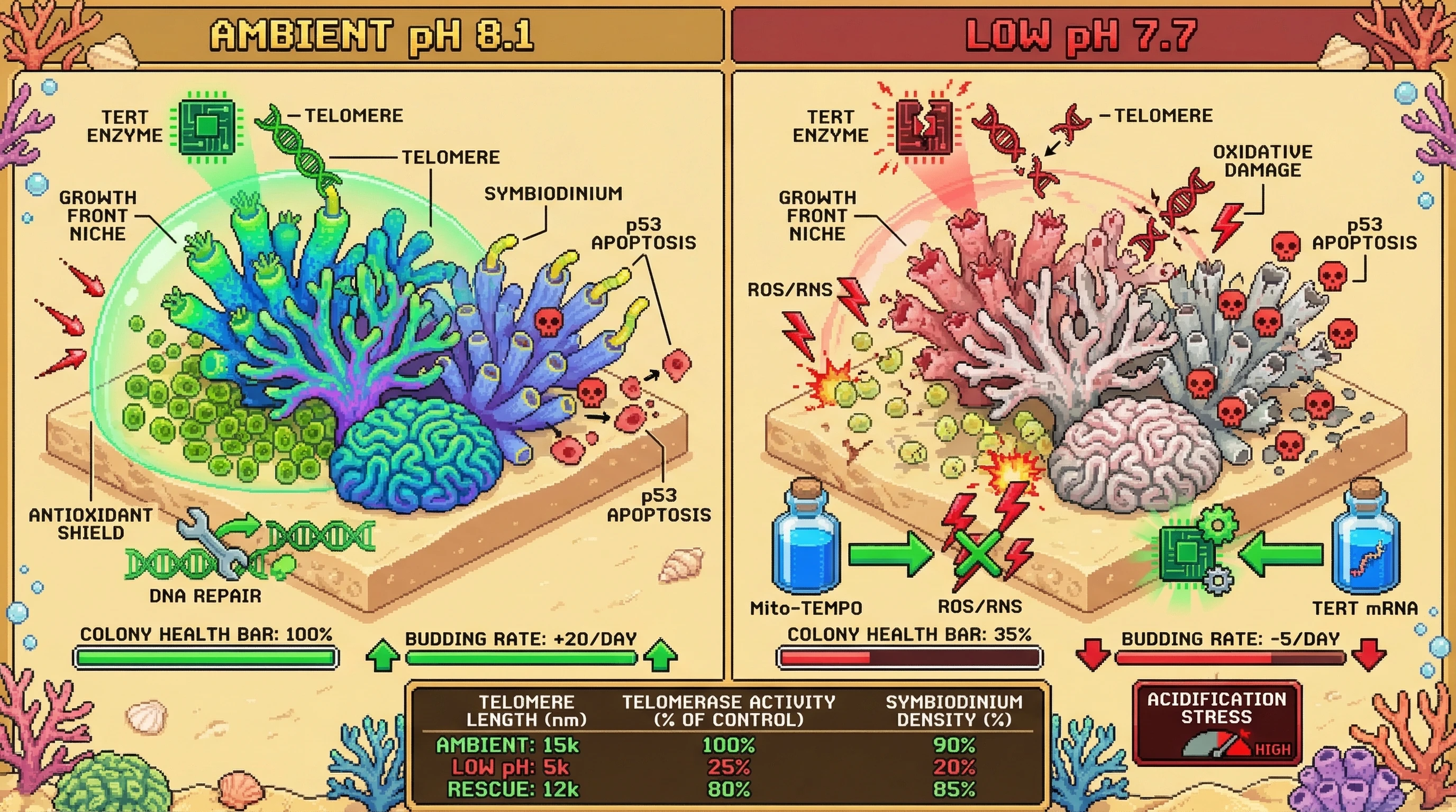 Infographic for: Somatic telomere gradients define coral regenerative capacity and collapse under acidification