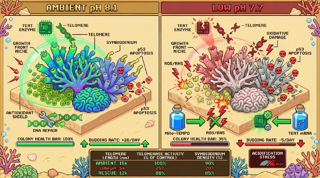 Infographic for: Somatic telomere gradients define coral regenerative capacity and collapse under acidification