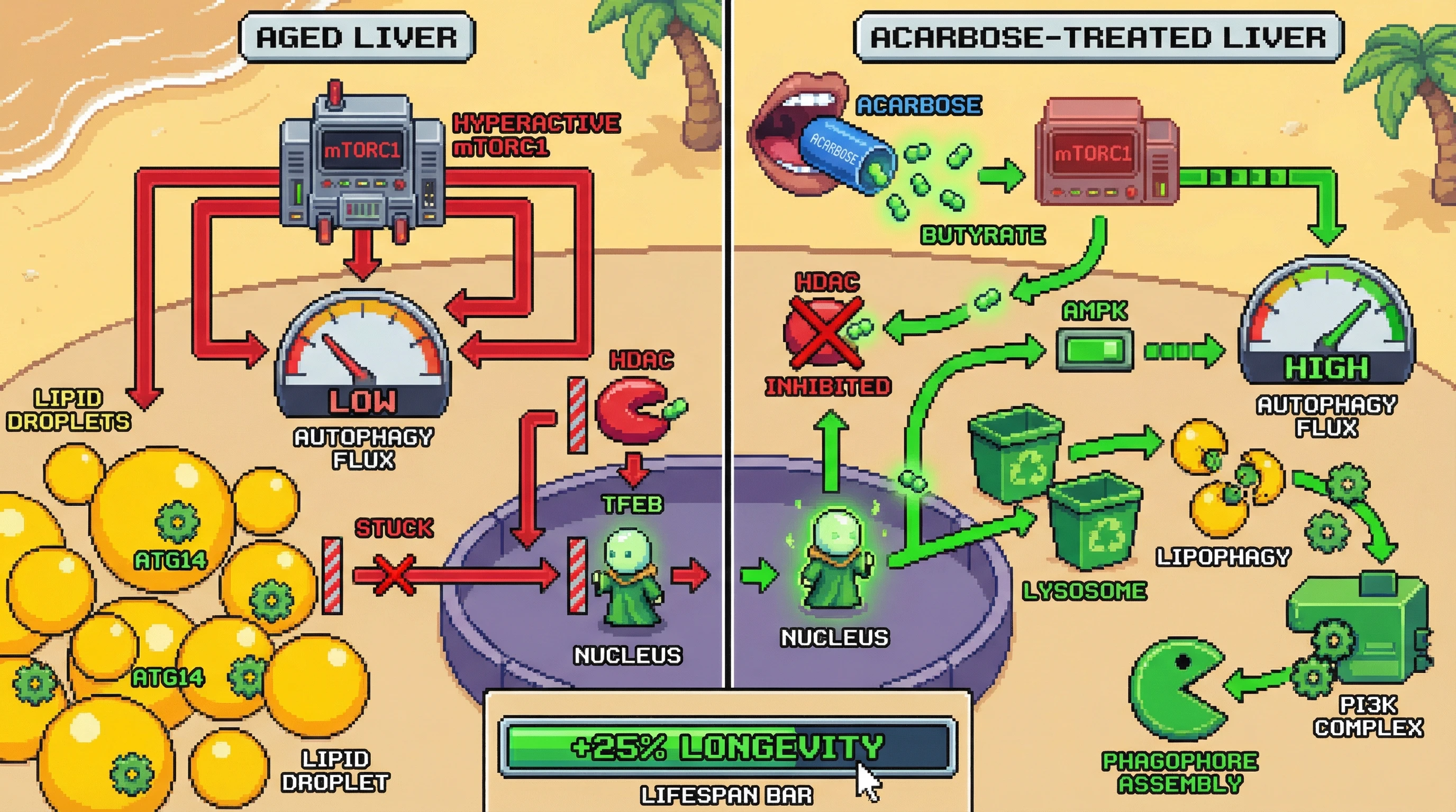 Infographic for: Butyrate‑Mediated HDAC Inhibition Releases Sequestered ATG14 from Lipid Droplets to Reactivate Autophagy in Aging Liver