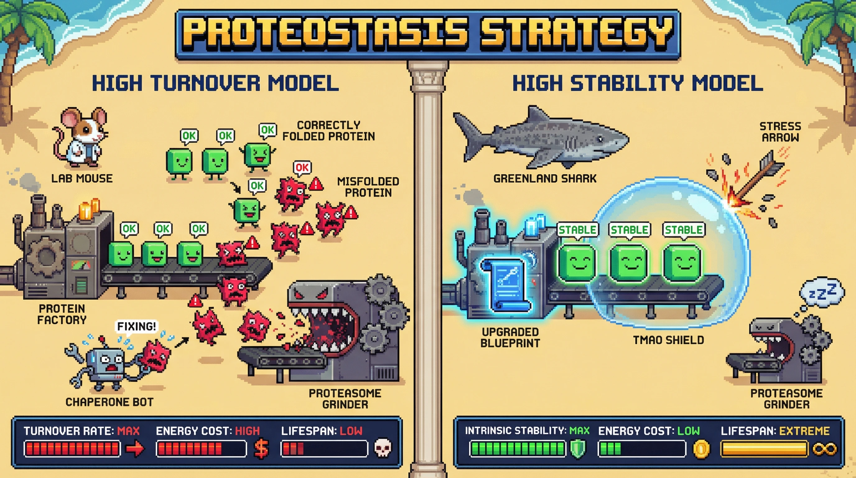This infographic illustrates that extreme longevity may result from having intrinsically stable proteins that resist damage (right panel), rather than from systems that rapidly clear away damaged proteins (left panel).