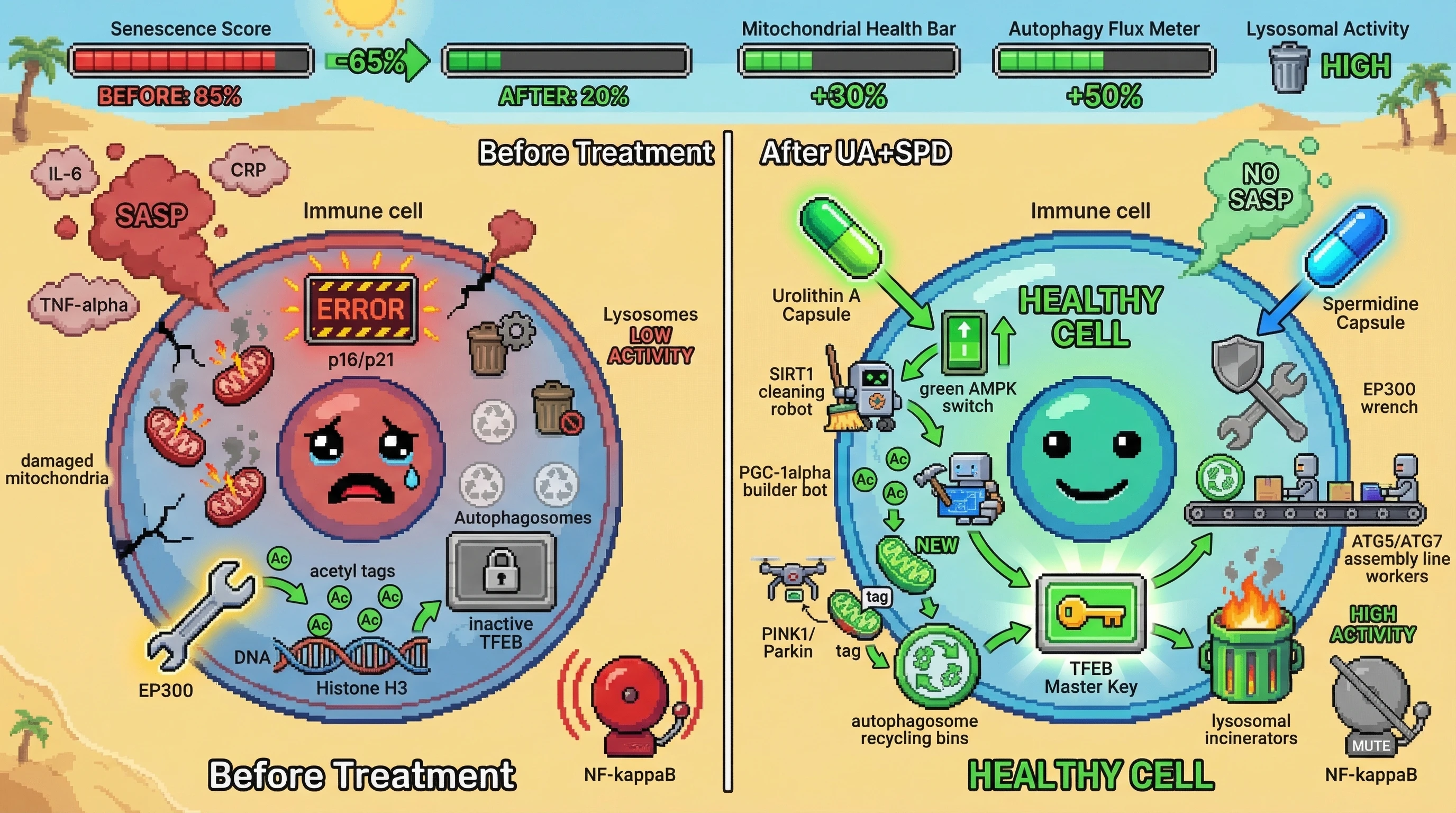 Mechanism: Combined Urolithin A and Spermidine synergistically activate mitophagy and bulk autophagy, leading to enhanced lysosomal clearance of cellular waste. Readout: Readout: This process significantly reduces senescence markers (p16/p21) by 65% and boosts mitochondrial health and autophagic flux.