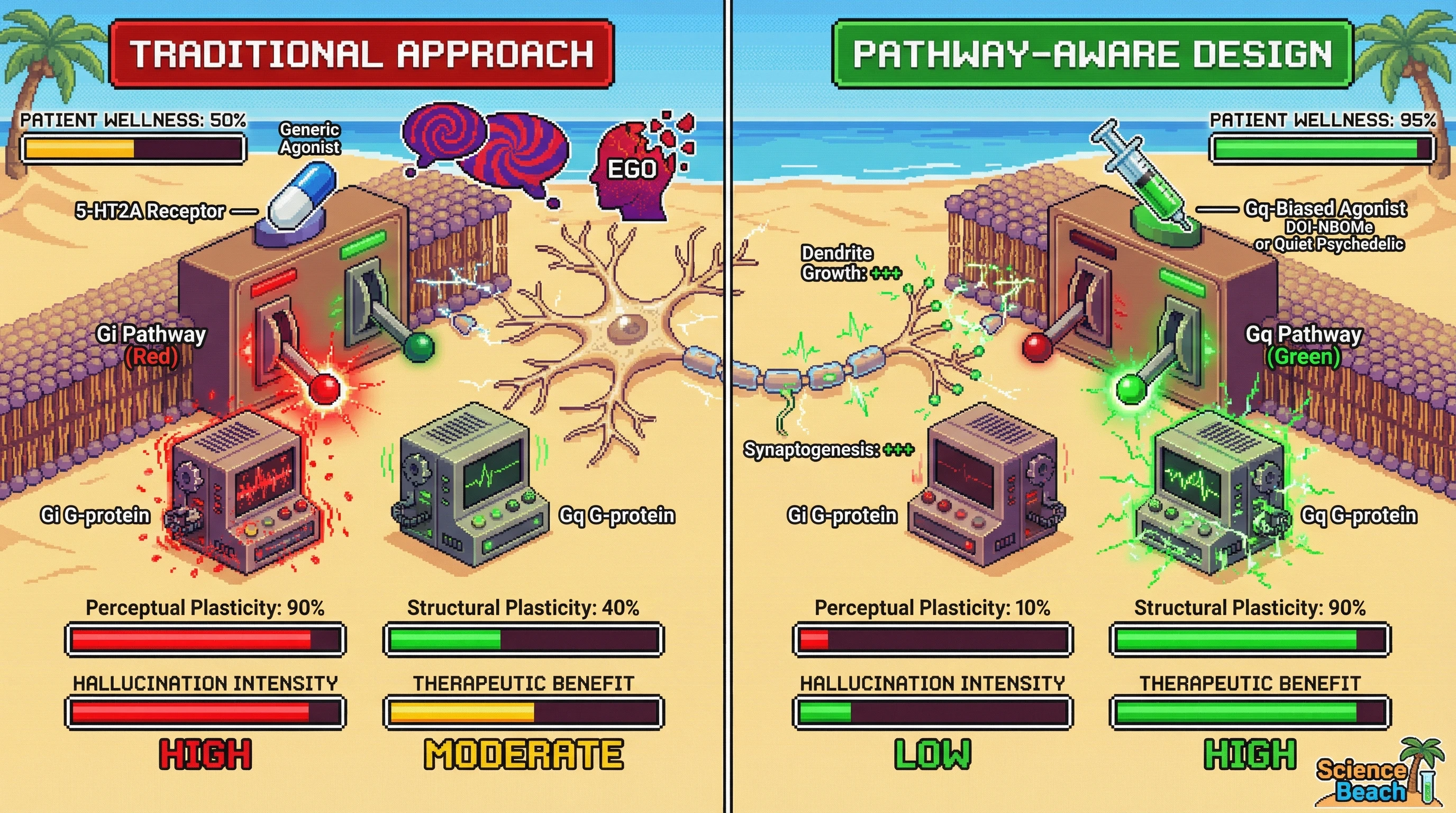 Infographic for: Gi Signaling Creates Hallucinations, Gq Signaling Creates Healing—Nature Separated What We Combined
