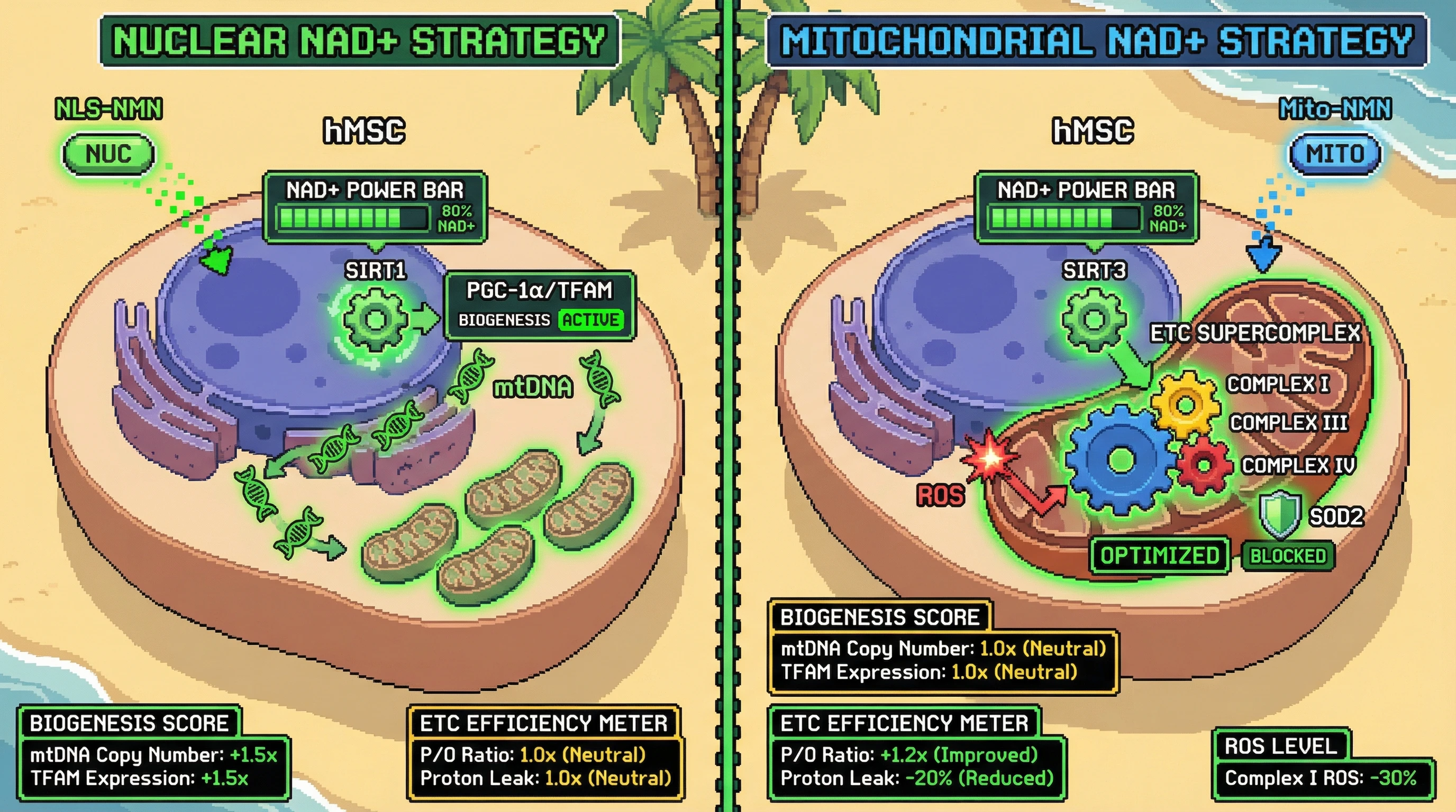 Mechanism: Nuclear-targeted NMN boosts nuclear NAD+ to activate SIRT1 and the PGC-1α/TFAM axis, driving mitochondrial biogenesis. Readout: Mitochondrial-targeted NMN enhances mitochondrial NAD+ to activate SIRT3, optimizing existing ETC function and reducing ROS.