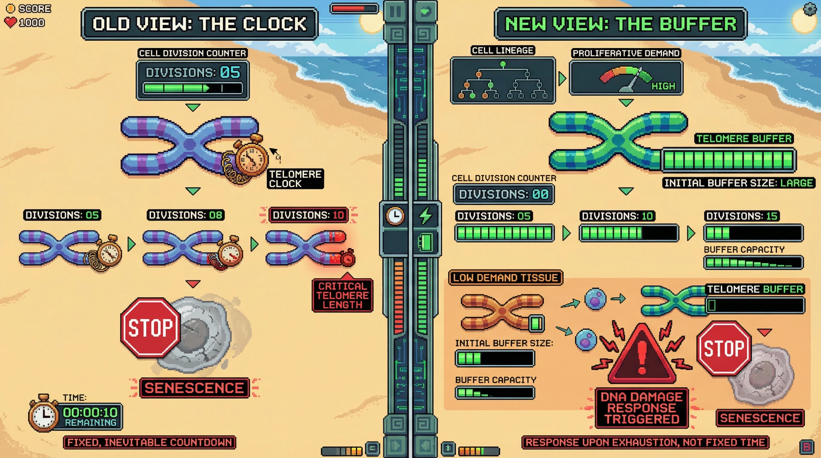This infographic contrasts the old view of telomeres as a cellular clock with the new hypothesis: telomeres function as a protective buffer, with initial length variations determining how many divisions a cell can sustain before triggering DNA damage and senescence.