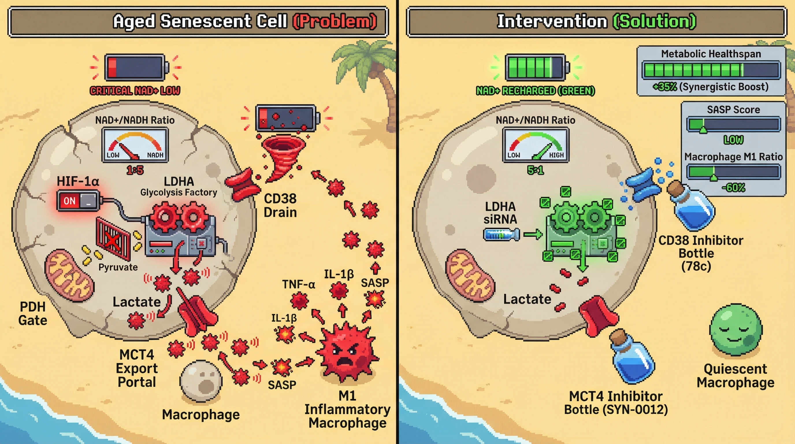Mechanism: Age-related NAD+ loss in senescent cells drives metabolic reprogramming, increasing lactate export via MCT4, which polarizes macrophages to an M1 inflammatory state, amplifying SASP and further NAD+ decline. Readout: Readout: Inhibiting CD38, MCT4, and LDHA reduces macrophage M1 ratio by 60%, lowers SASP score, and synergistically boosts metabolic healthspan by 35%.