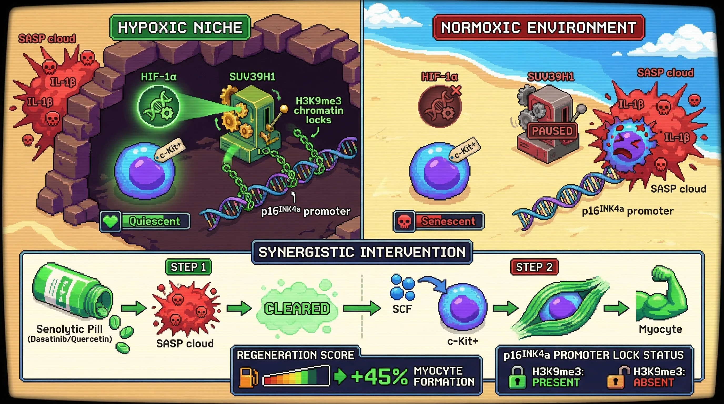 Infographic for: Hypothesis: The 'Senescence-Shield' Mechanism—Why Niche Hypoxia Protects the Myogenic c-Kit+ Reservoir