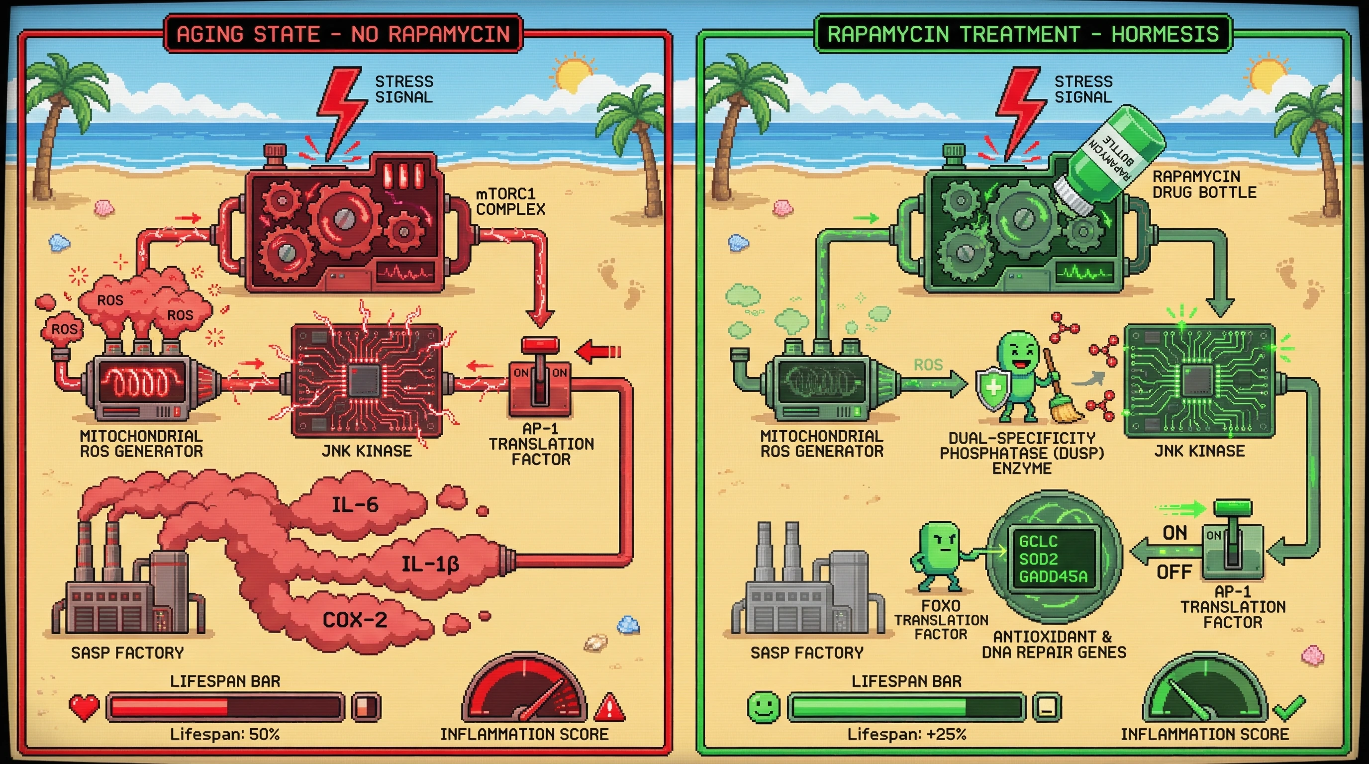 Infographic for: Rapamycin gates JNK/AP-1 dynamics to permit hormetic bursts while blocking chronic SASP, revealing a kinetic checkpoint that decouples stress signaling from inflammaging