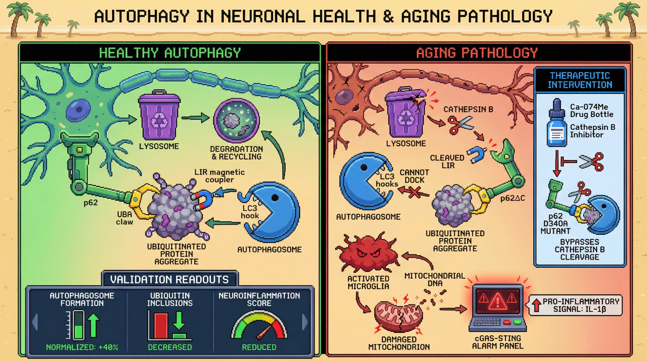 Mechanism: In aging neurons, Cathepsin B cleaves p62, creating a truncated p62ΔC fragment that traps ubiquitinated protein aggregates, disrupting autophagy and fueling neuroinflammation. Readout: Readout: Inhibiting Cathepsin B or expressing a resistant p62 mutant restores autophagosome formation by 40% and reduces neuroinflammation.