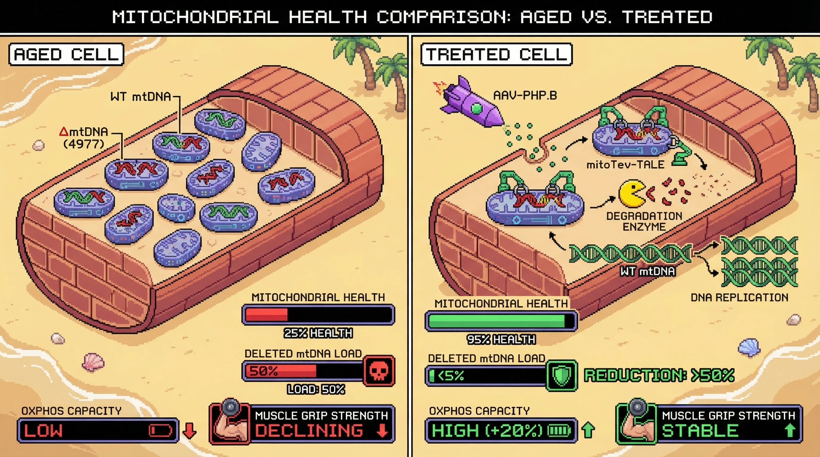 Infographic for: A monomeric mitoTev-TALE targeting the unique breakpoint junction of somatic age-accumulated mtDNA deletions, deliver...