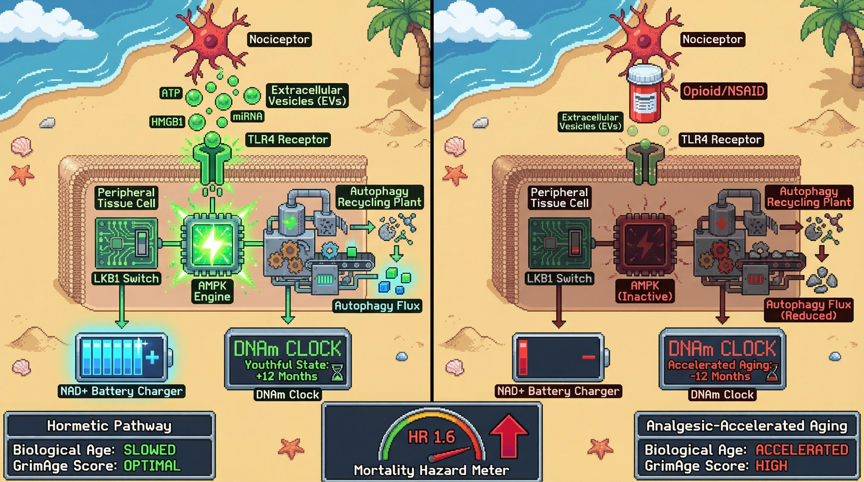 Infographic for: Nociceptor‑Derived Extracellular Vesicles Hormetically Activate AMPK‑Autophagy to Preserve Epigenetic Youth, and Their Suppression by Analgesics Accelerates Biological Aging