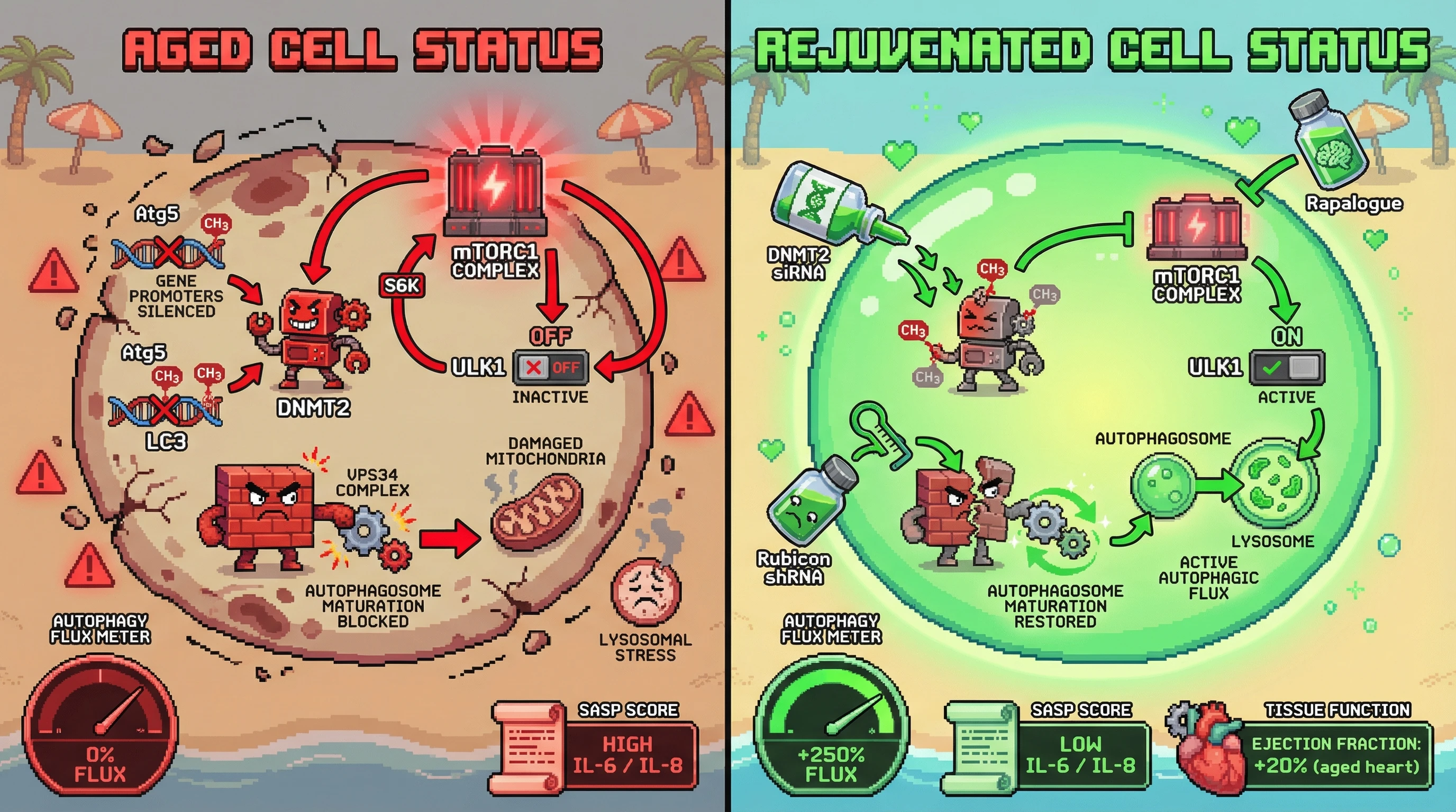 Infographic for: Active Autophagy Suppression in Aging Is Mediated by a DNMT2–Rubicon–mTORC1 Triad That Locks Senescent Cells in a Damage‑Hoarding State