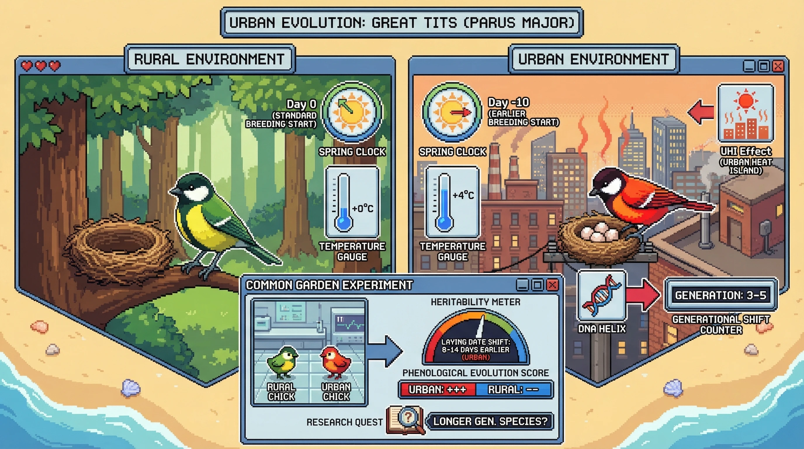 Infographic for: Urban Heat Islands Drive Heritable Breeding Phenology Shifts in Passerine Birds