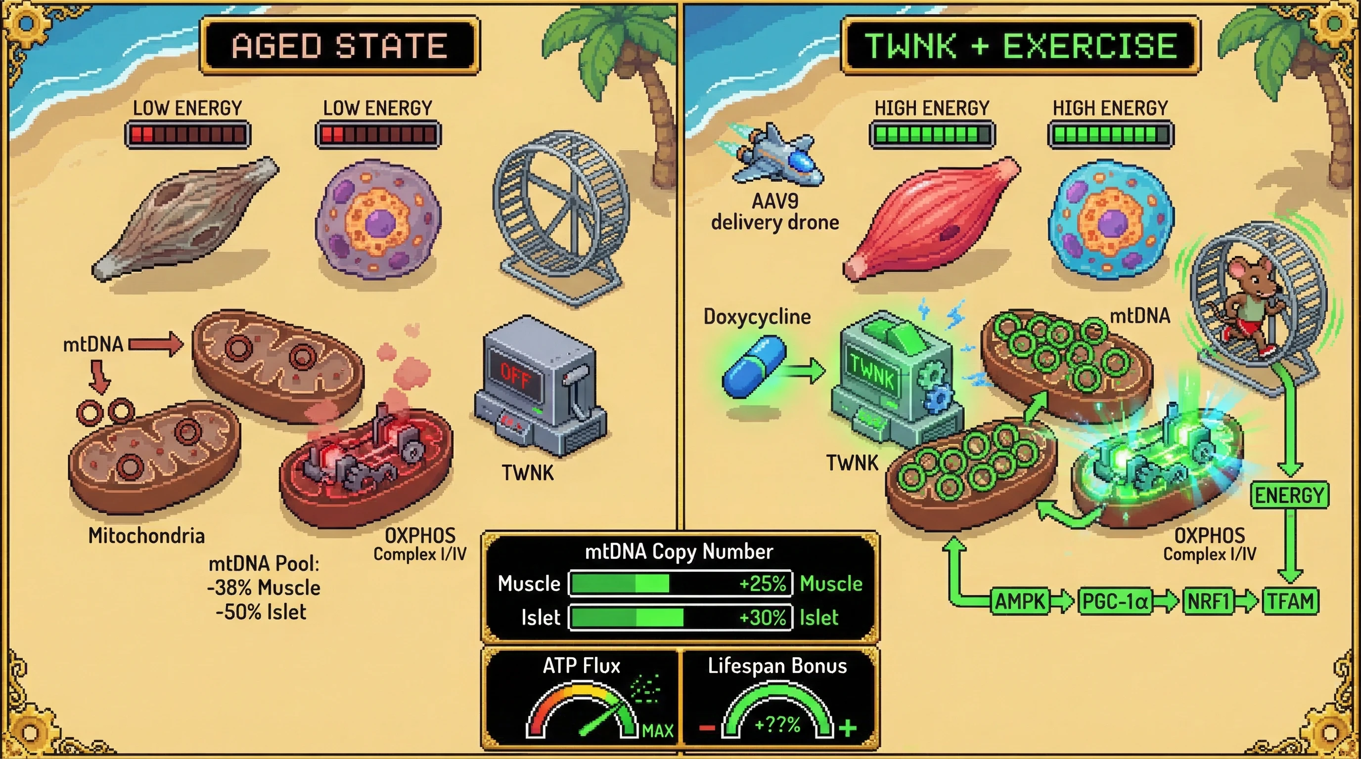 Infographic for: Twinkle helicase overexpression repairs the depleted mitochondrial genome pool in aged muscle and islets, unlocking t...