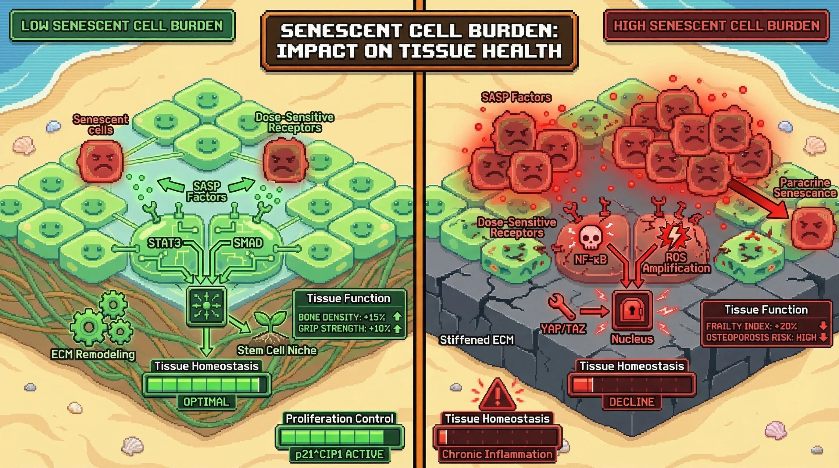 Mechanism: Low levels of senescent cells release specific SASP factors that activate protective pathways, promoting tissue homeostasis and stem cell niche stability. Readout: Readout: High senescent cell burden, especially with stiffened matrix, overwhelms these pathways, leading to chronic inflammation and functional decline, evidenced by decreased bone density and increased frailty.