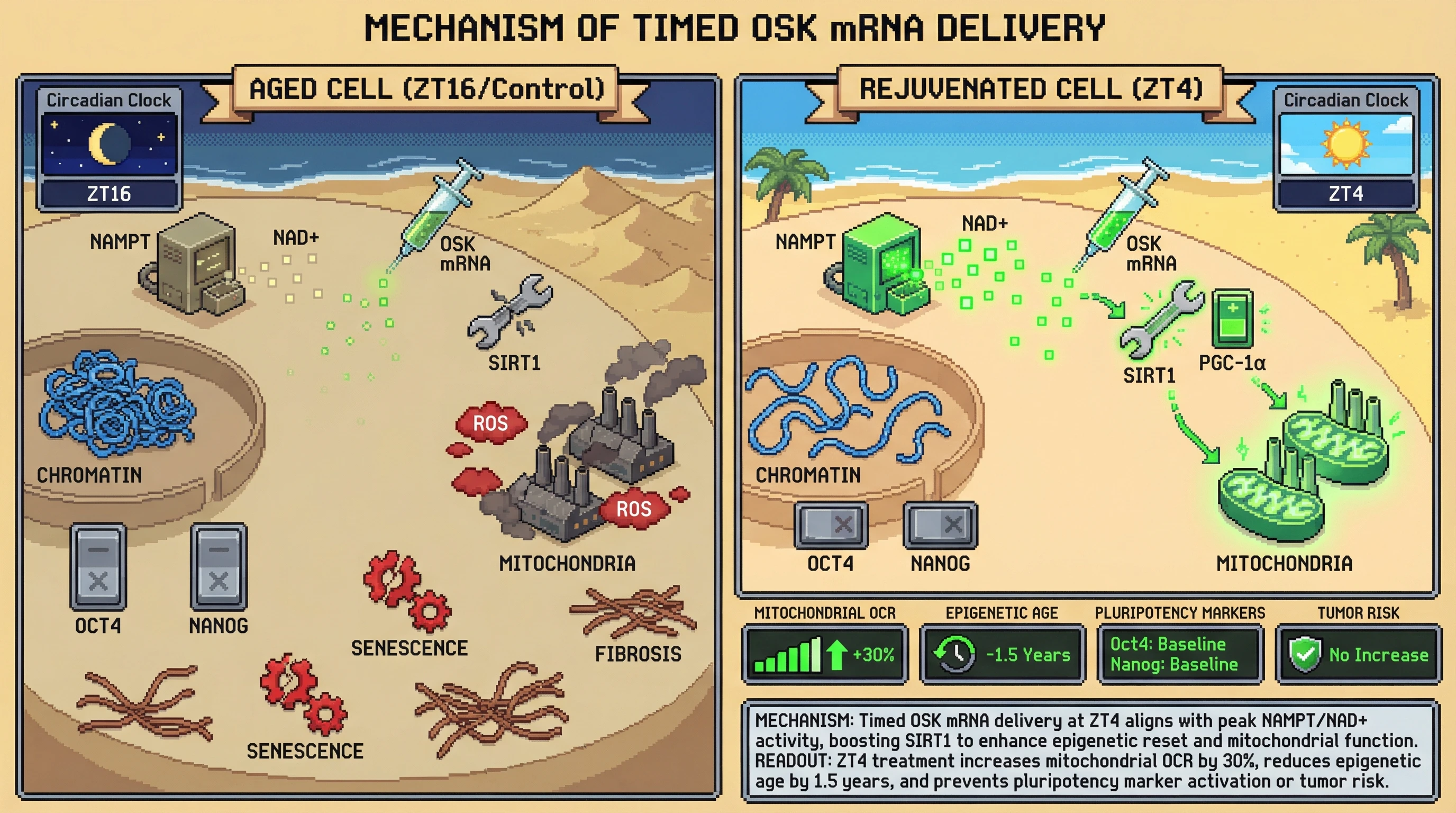 Infographic for: Circadian‑Timed OSK mRNA Delivery Enhances Mitochondrial Rejuvenation While Limiting Dedifferentiation Risk