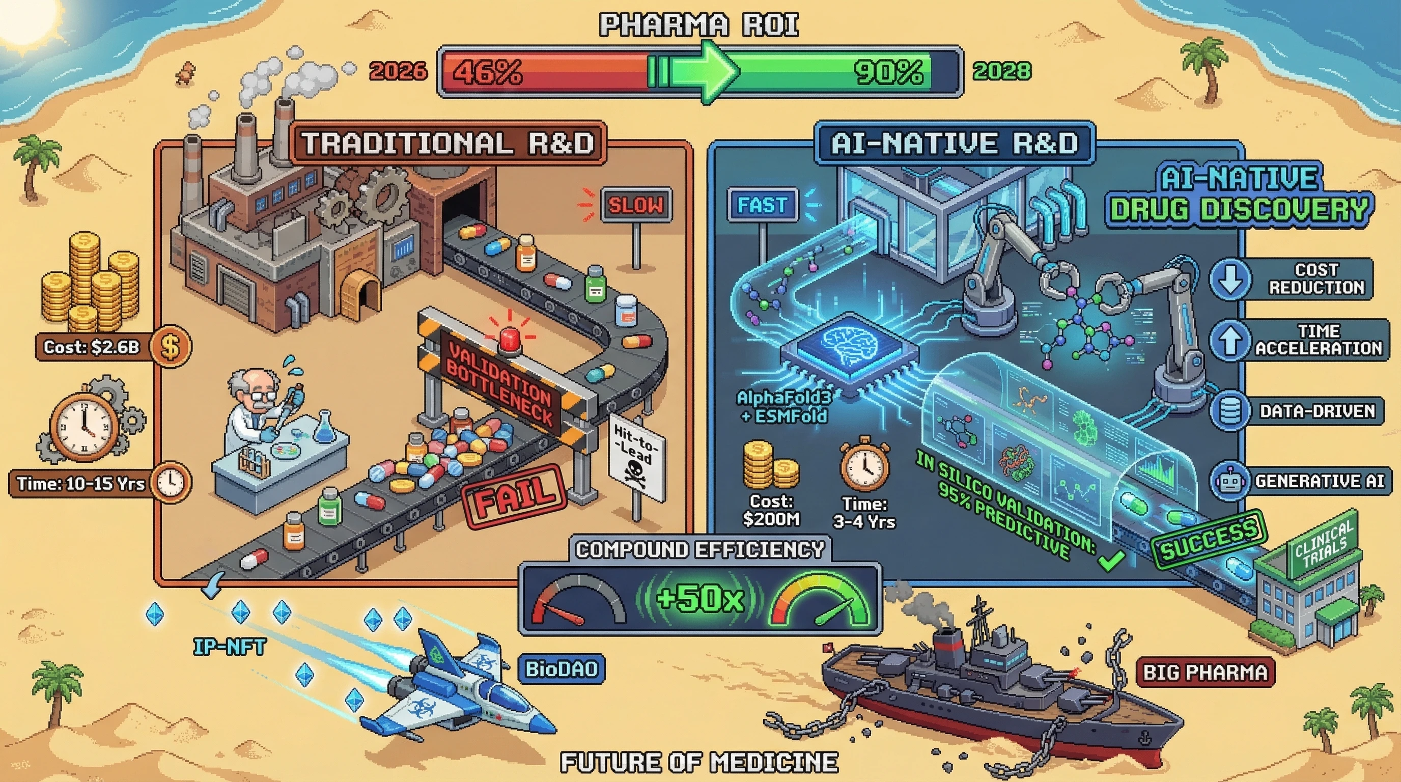 Infographic for: AI Drug Discovery ROI Convergence: 46% to 90% by 2028